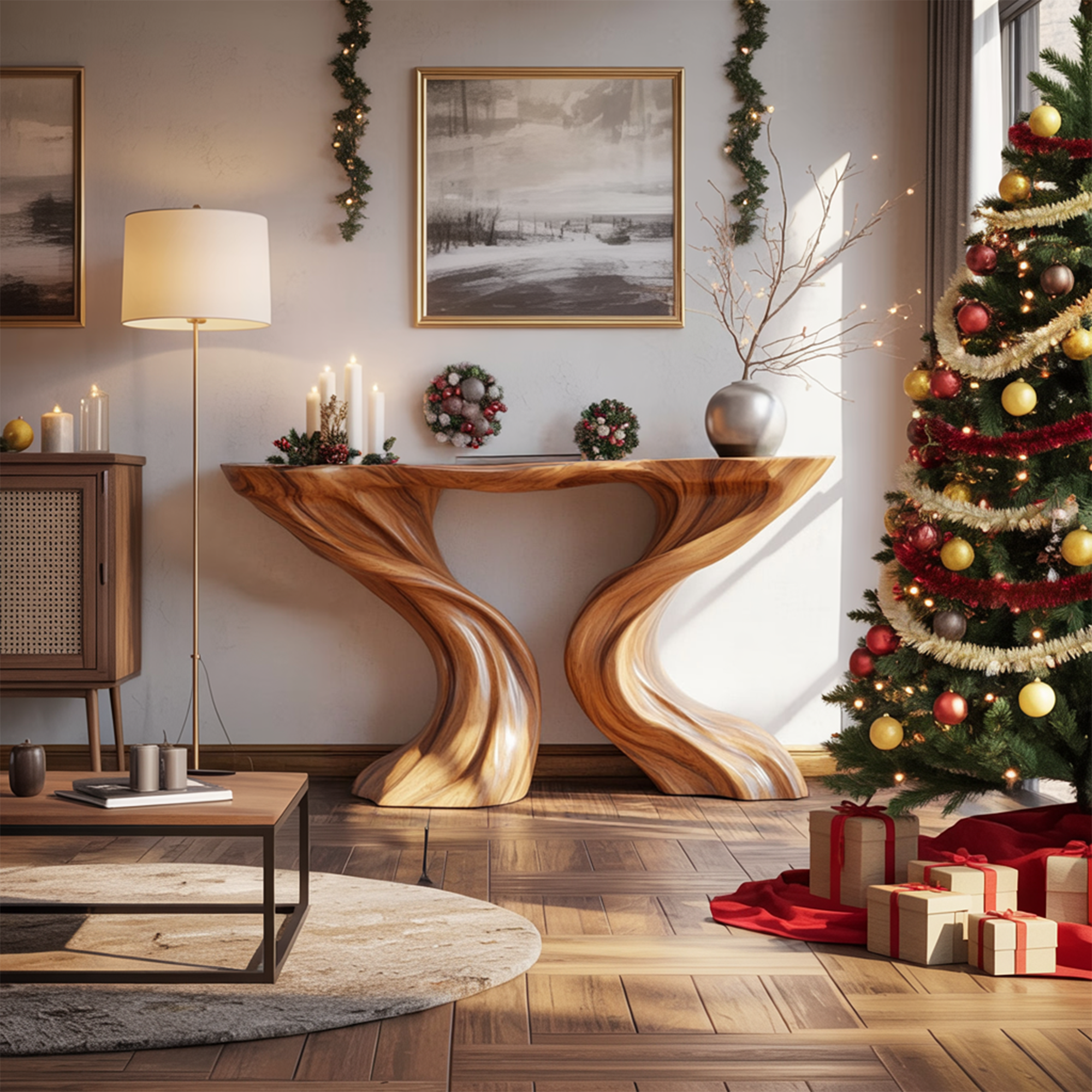 Mid Century Console Table Sculpted Wave Base Holiday Living Room SINLKICS396