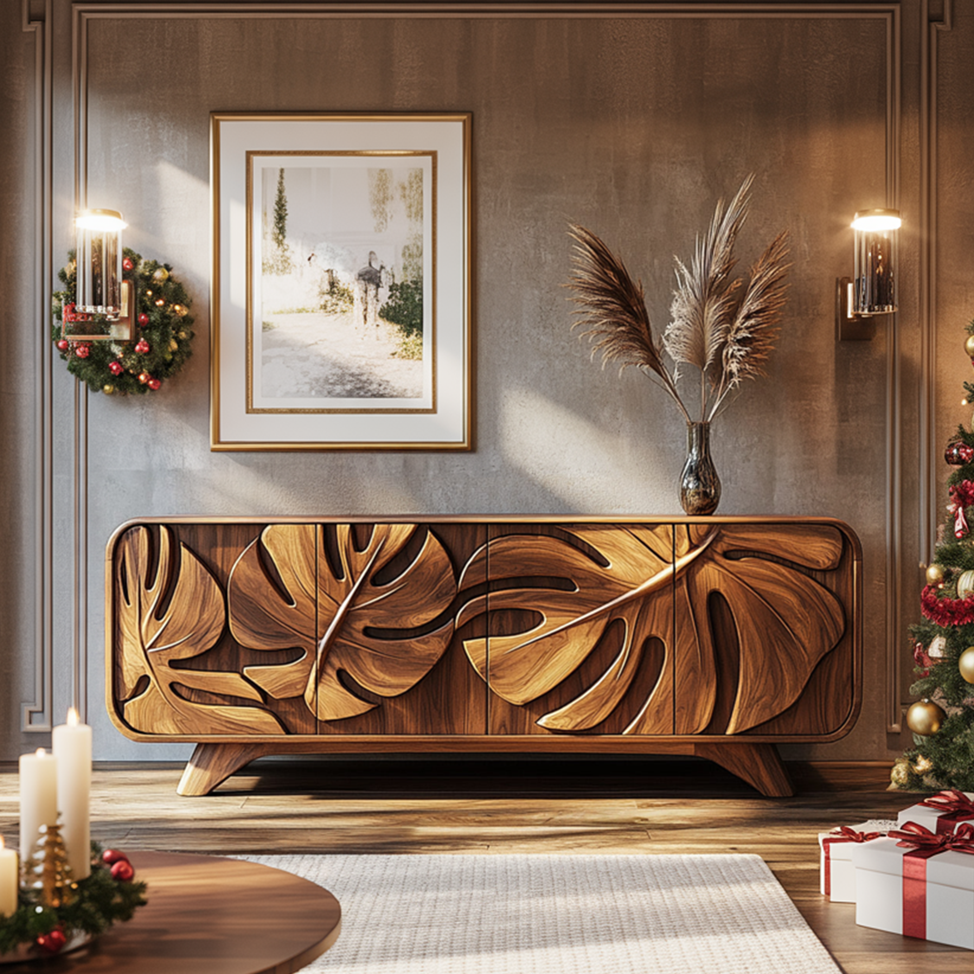 Rustic Leaf Cabinet Christmas Holiday Living Room Decor SINLKISC318