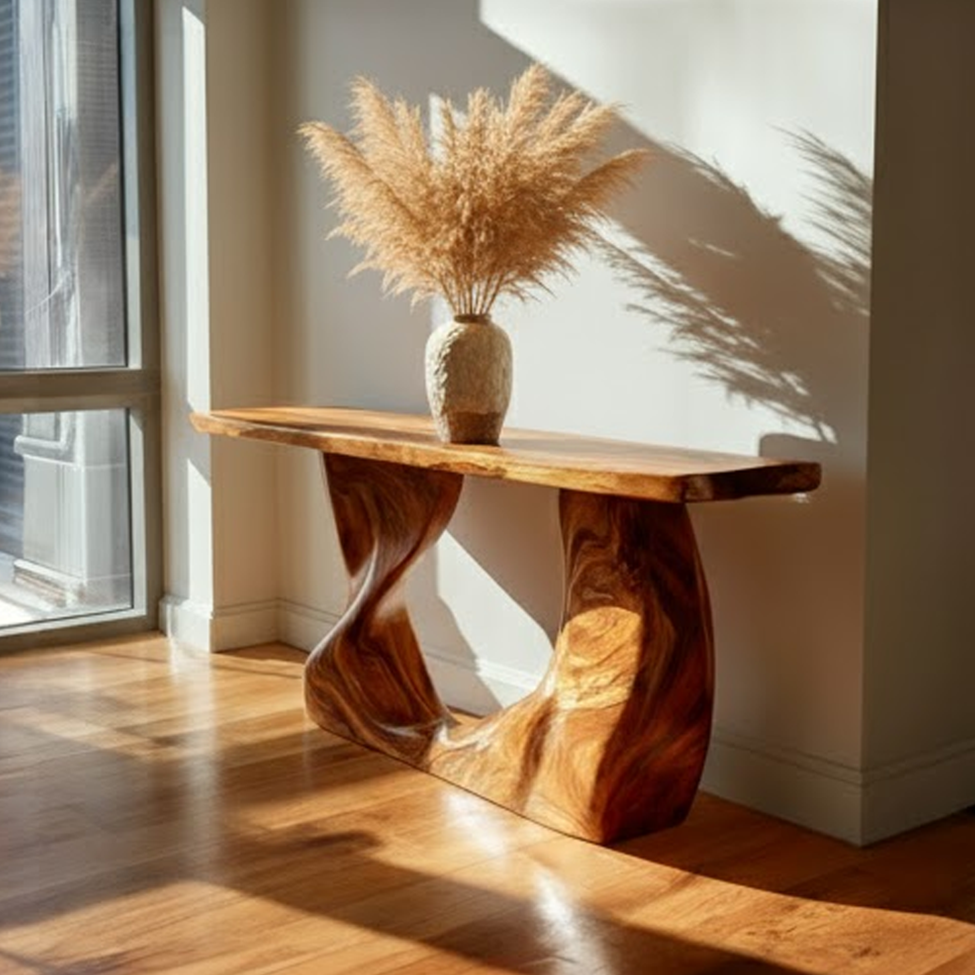 Rustic Modern Console Wavy Carved Wood Entry Hall SINLKICS406