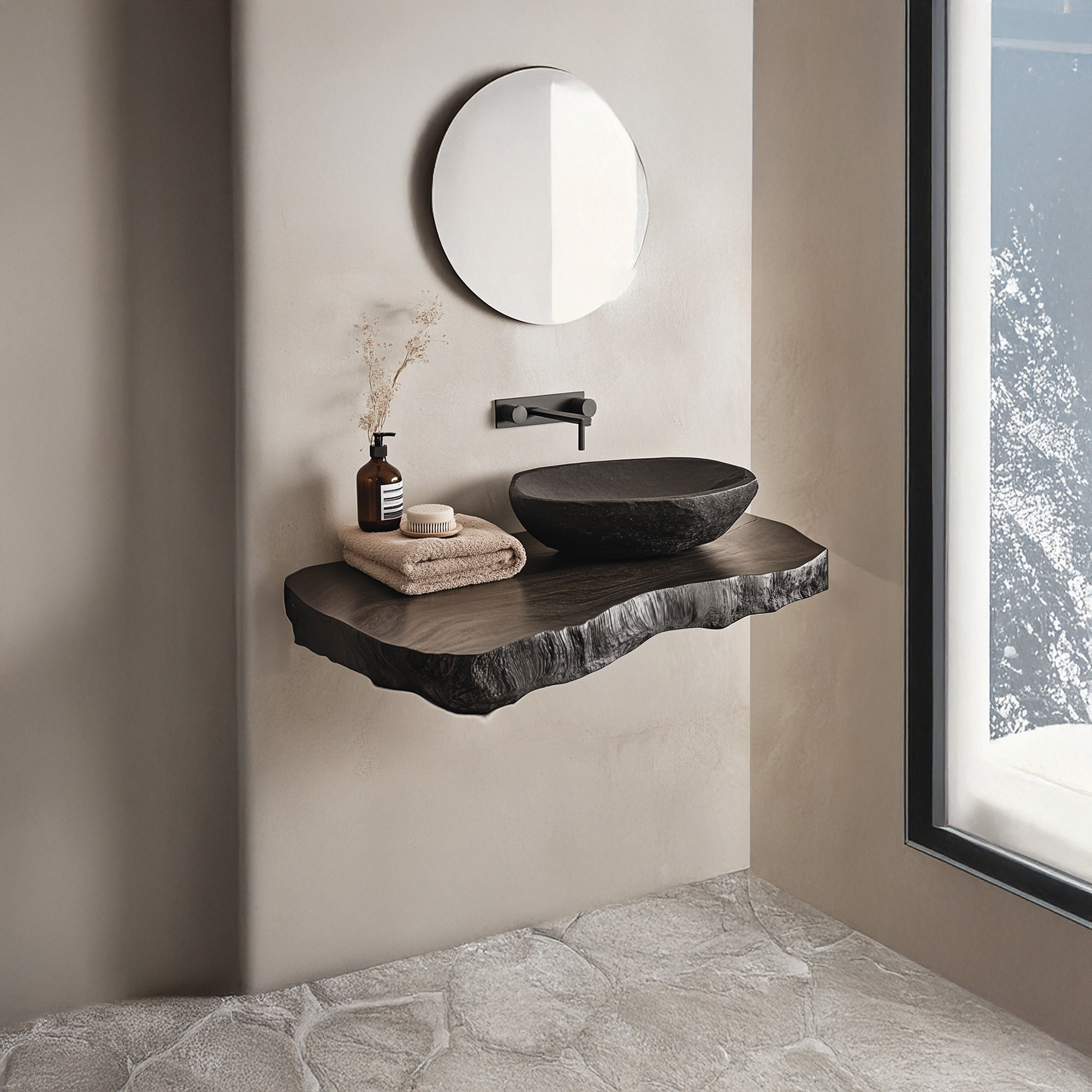 Black Live Edge Wood Floating Vanity Stone Vessel Sink SINLBRV031