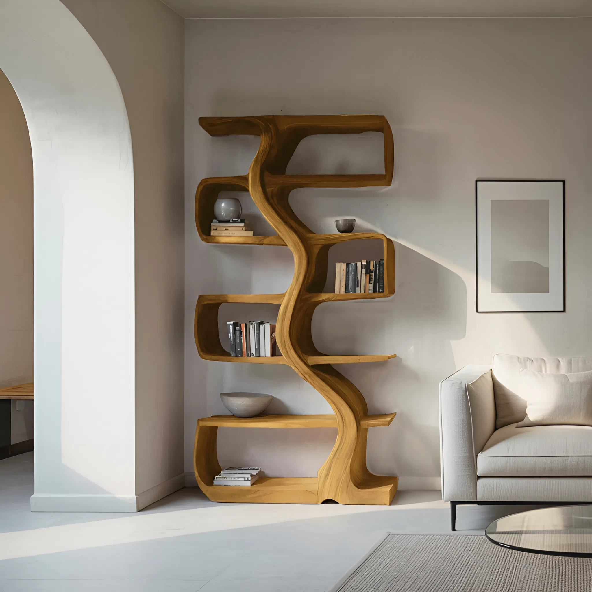 Organic Sculptural Bookshelf With Wavy Design For Living Room SITHHNBS069