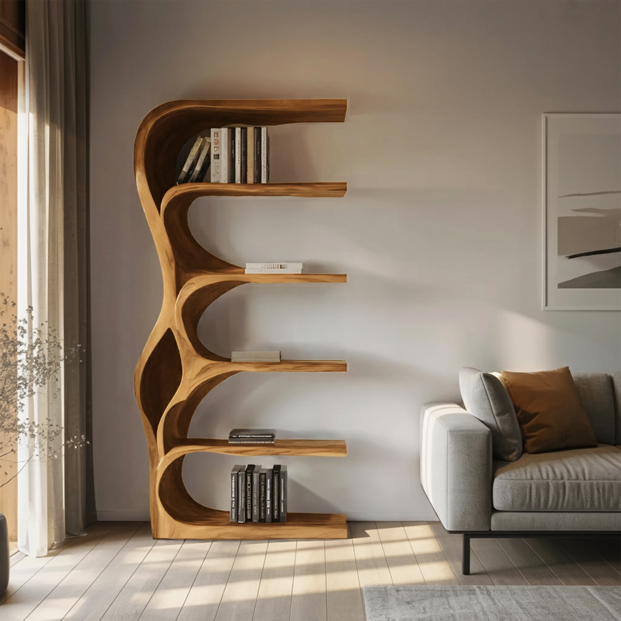 Organic Bookshelf With Curved Open Shelving For Bedroom Decor SITHHNBS067