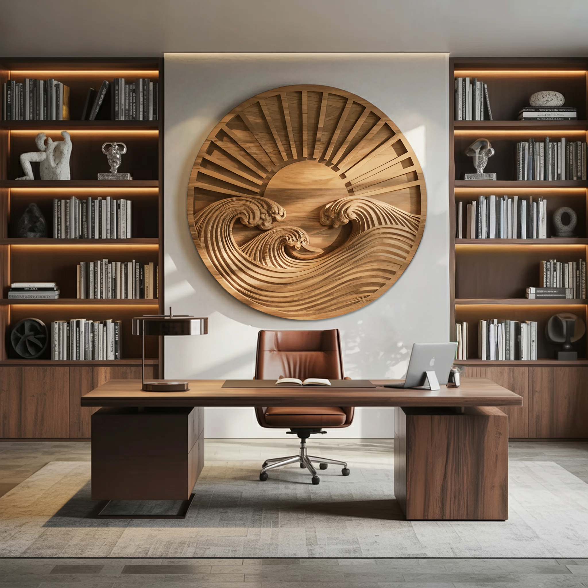Round Wall Art With Carved Sun And Waves For Bedroom SITHTTWA011