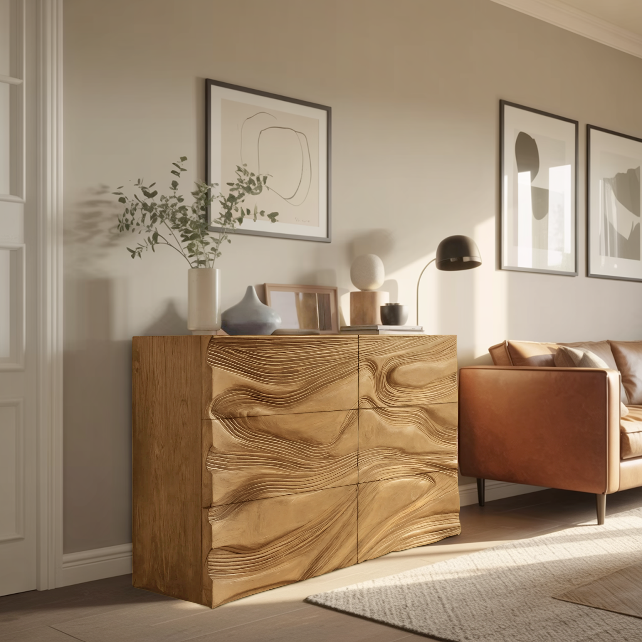 Minimalist Wooden Sideboard With Sculpted Wave Front For Living Decor RTTHHNSD010