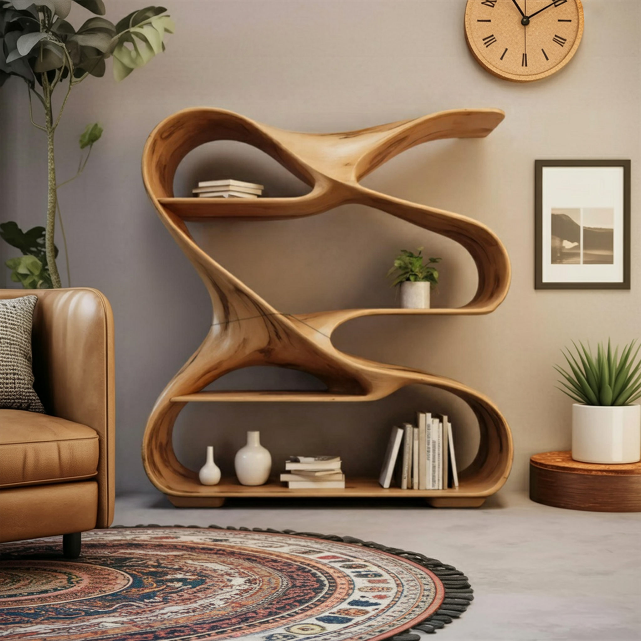 Modern Sculptural Wooden Bookshelf For Living Room Or Office Display SITHHNBS005