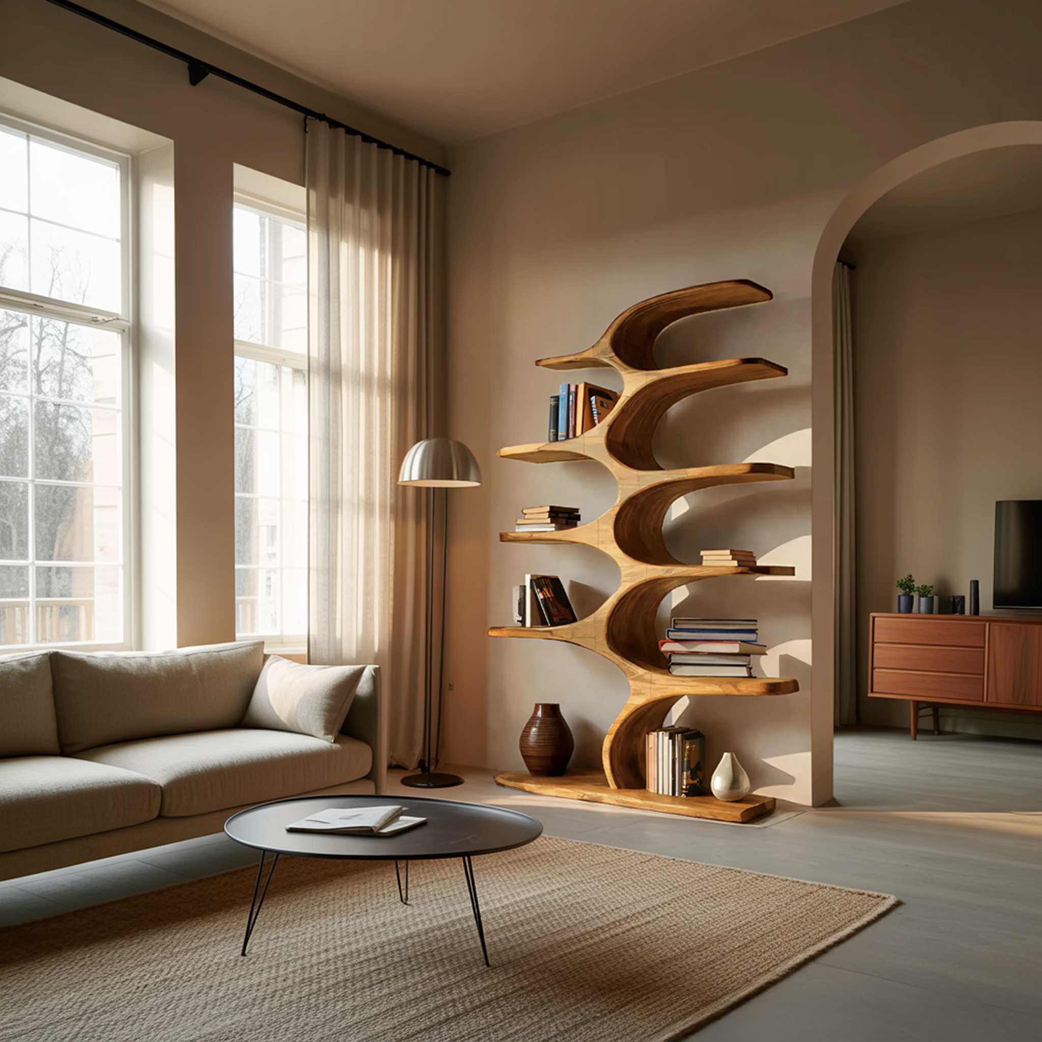Artistic Curved Bookshelf Fluid Lines Statement For Designer Interiors RTTHTTBS050