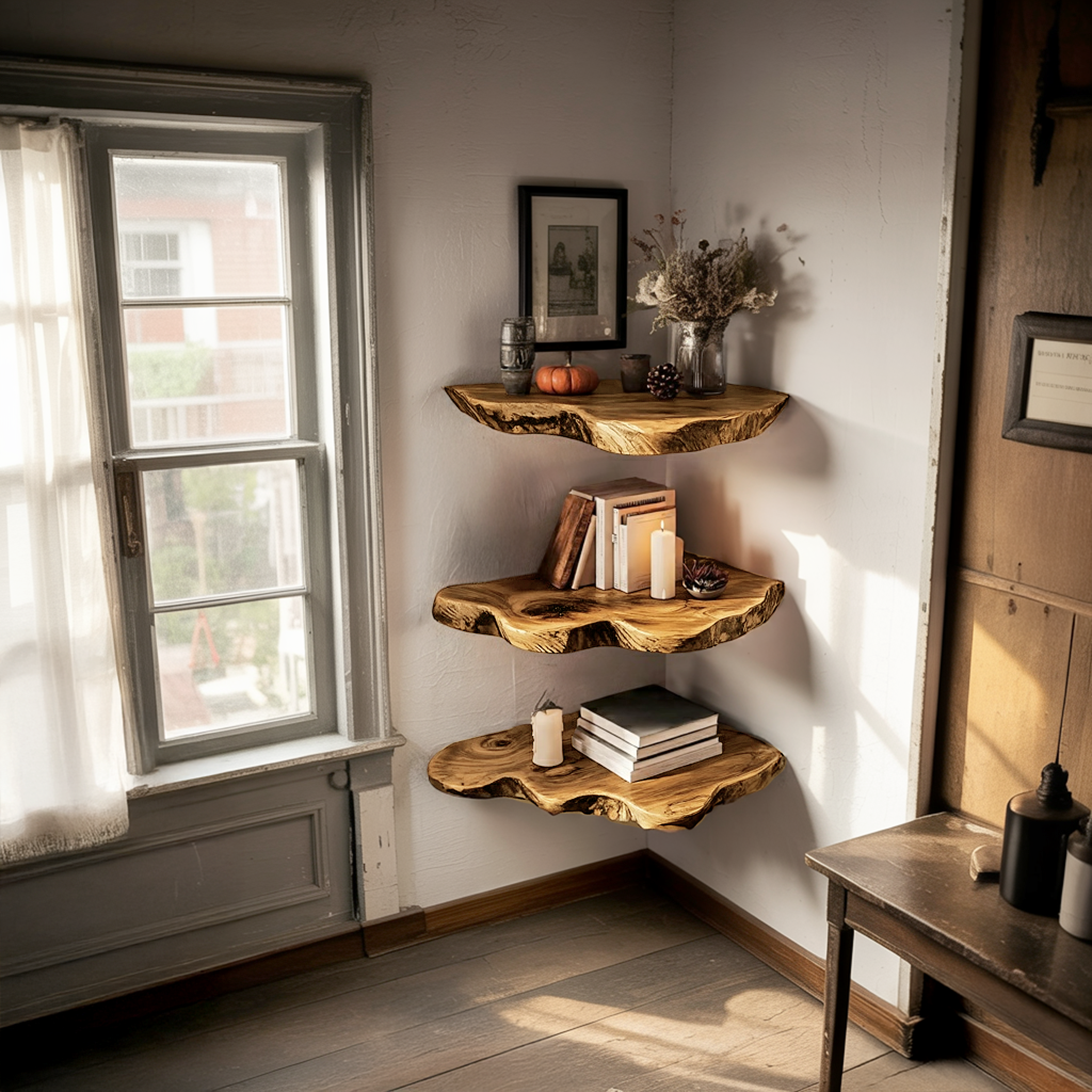 Handcrafted Wooden Live Edge Corner Shelf For Furniture Decor SILDTTRCN003