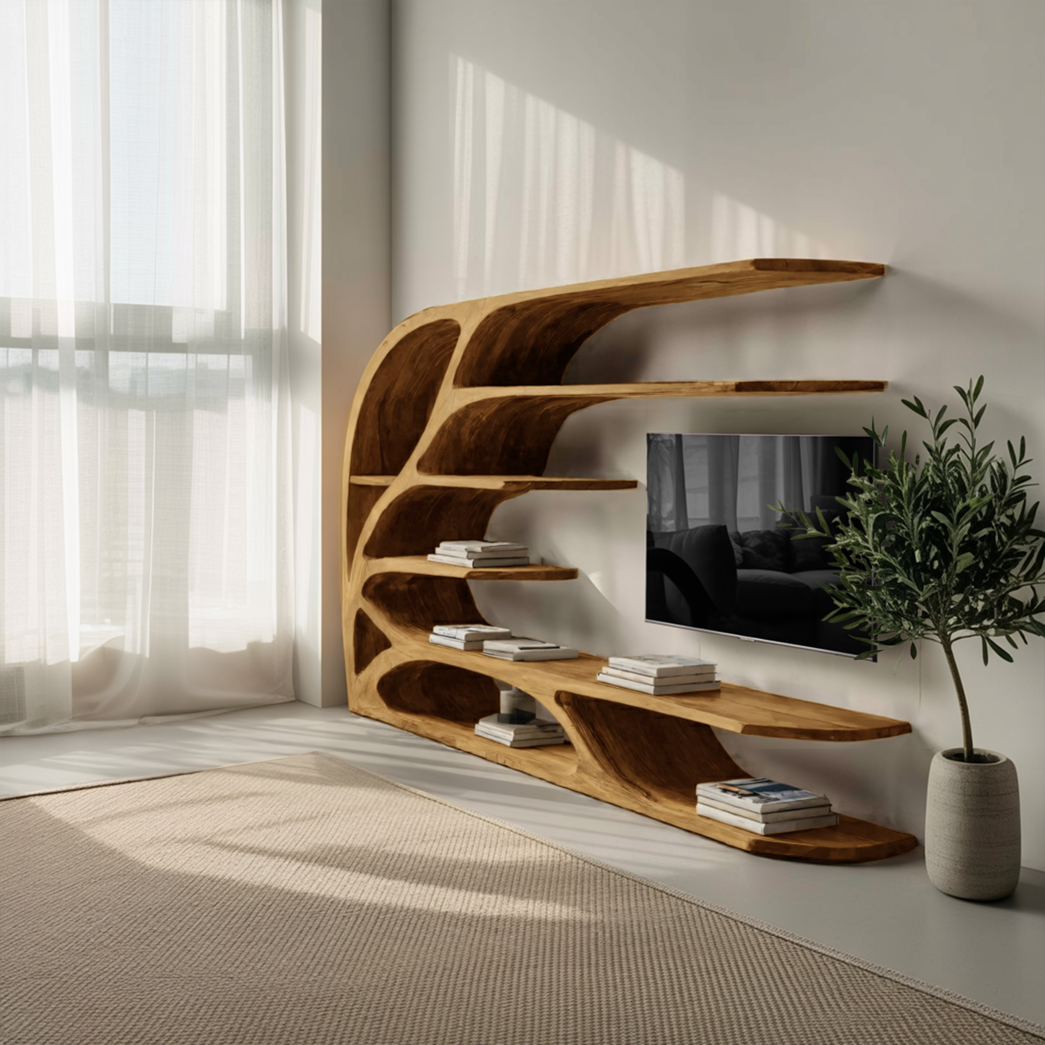 Modern Sculptural Wavy Carved Media Console For Living Room SITHHNTVC042