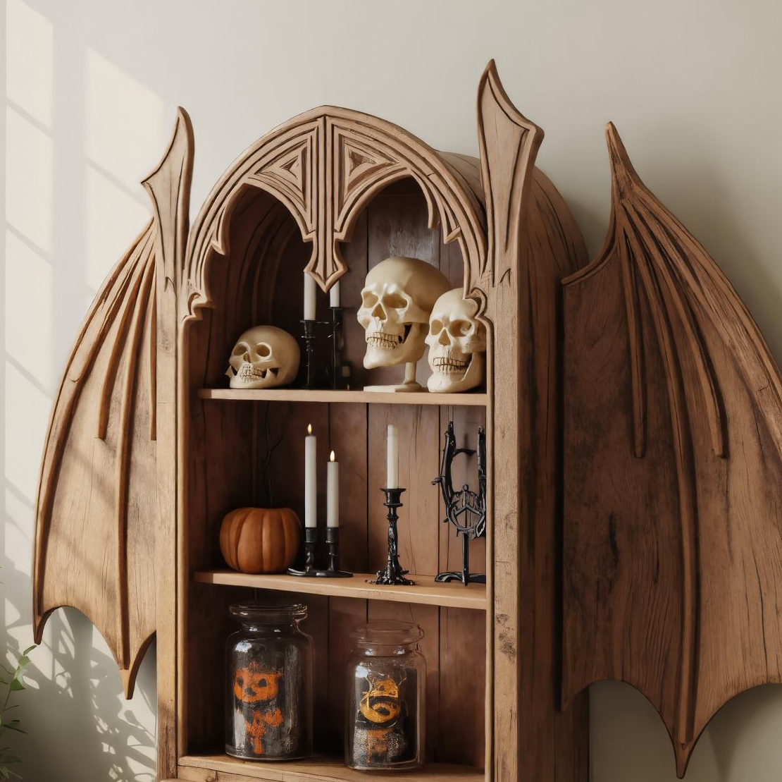 Gothic Carved Wooden Bat Wing Cabinet For Living Room Or Entryway SITHTTHW003