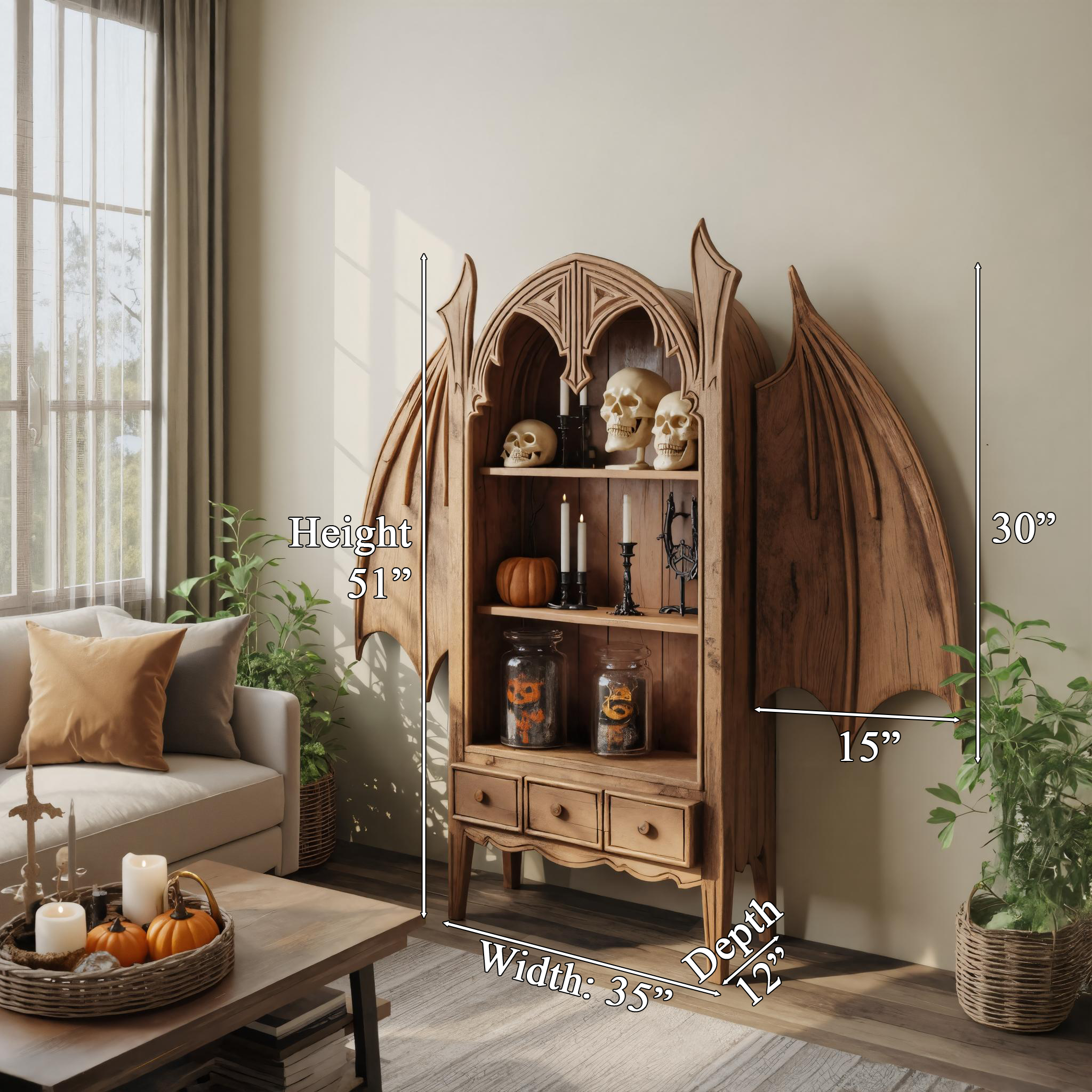 Gothic Carved Wooden Bat Wing Cabinet For Living Room Or Entryway SITHTTHW003
