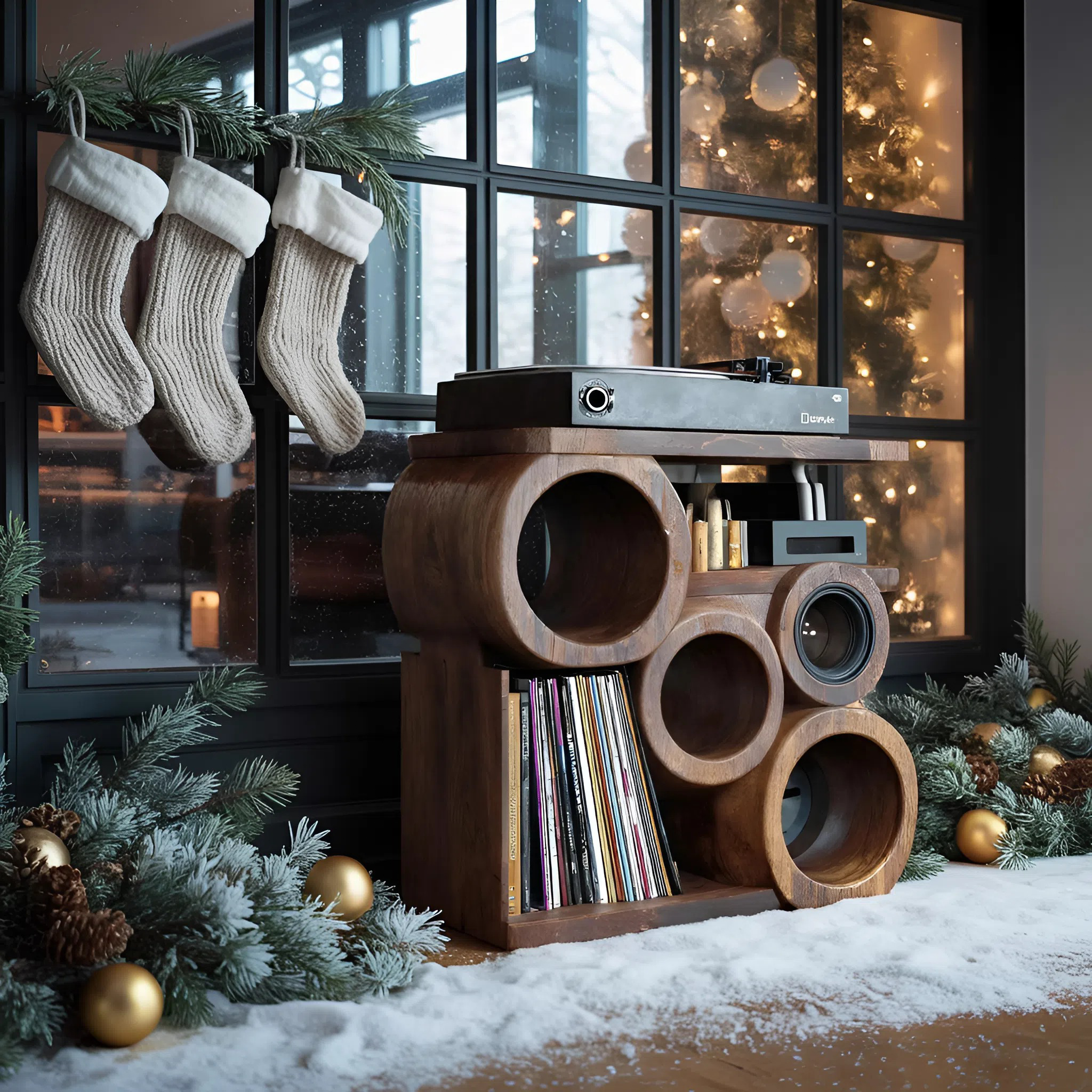 Farmhouse Solid Wood Record Stand For Rustic Christmas Home SILDTTNCRS010