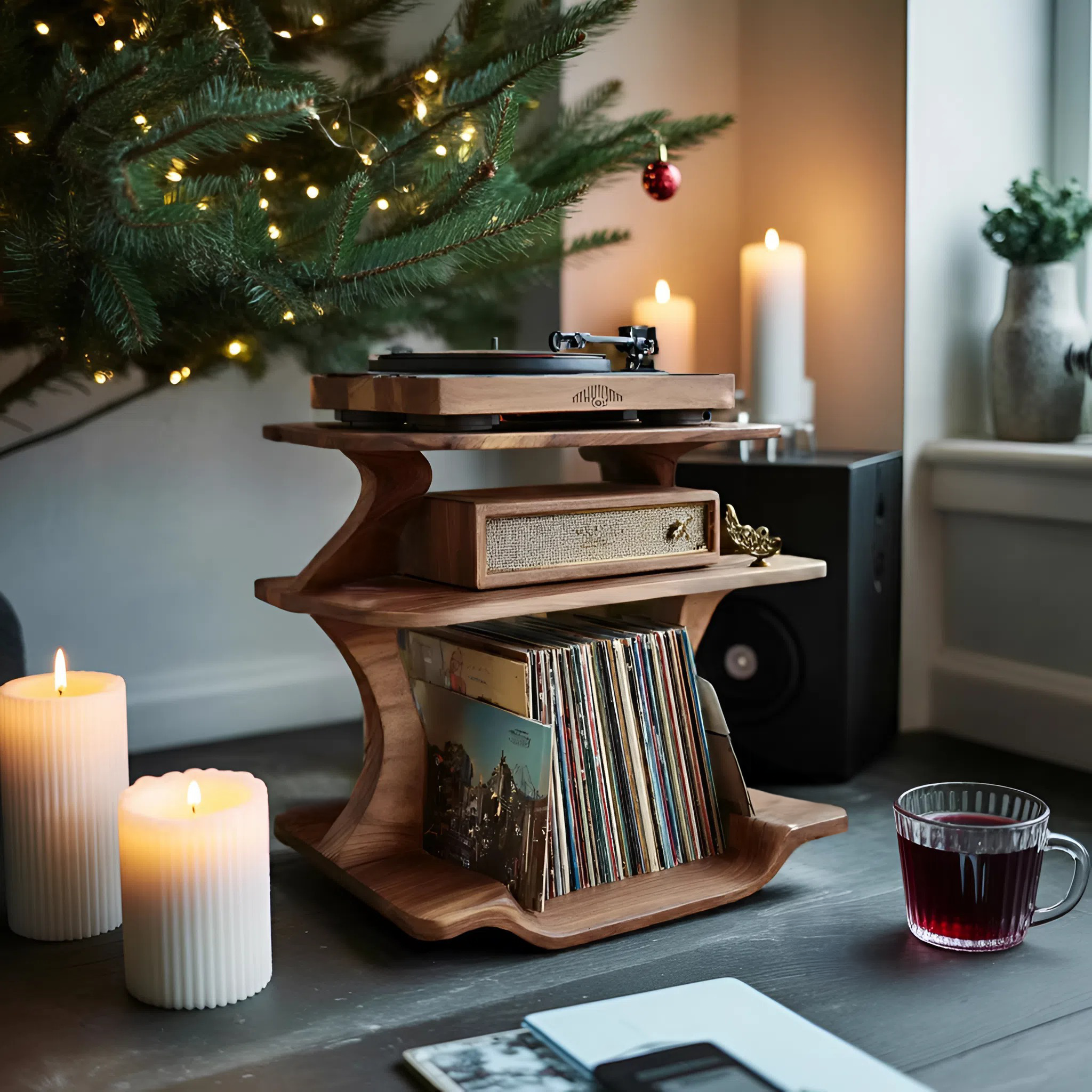 Mid Century Wooden Record Stand For Christmas Vinyl Lovers SILDTTNCRS013