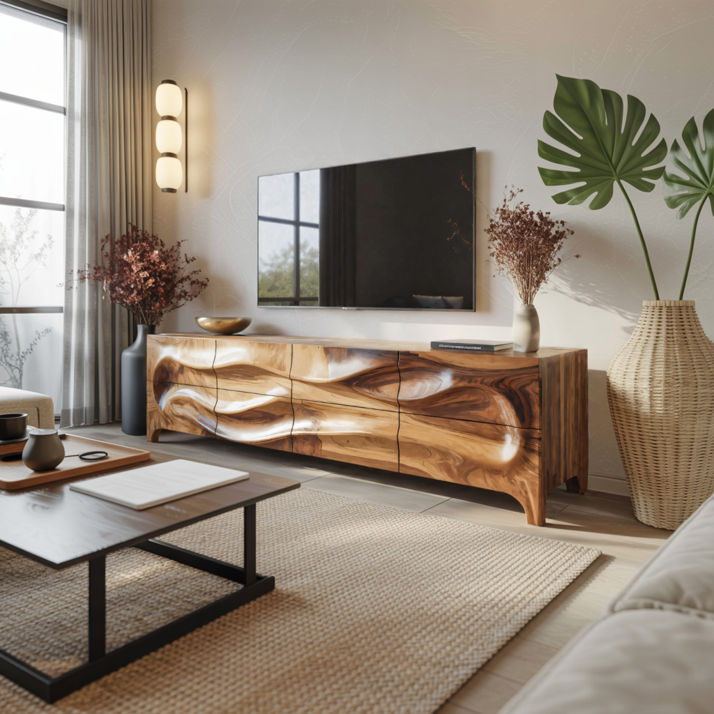 Modern Wood TV Cabinet With Carved Front For Living Interior SITHTTTVC005