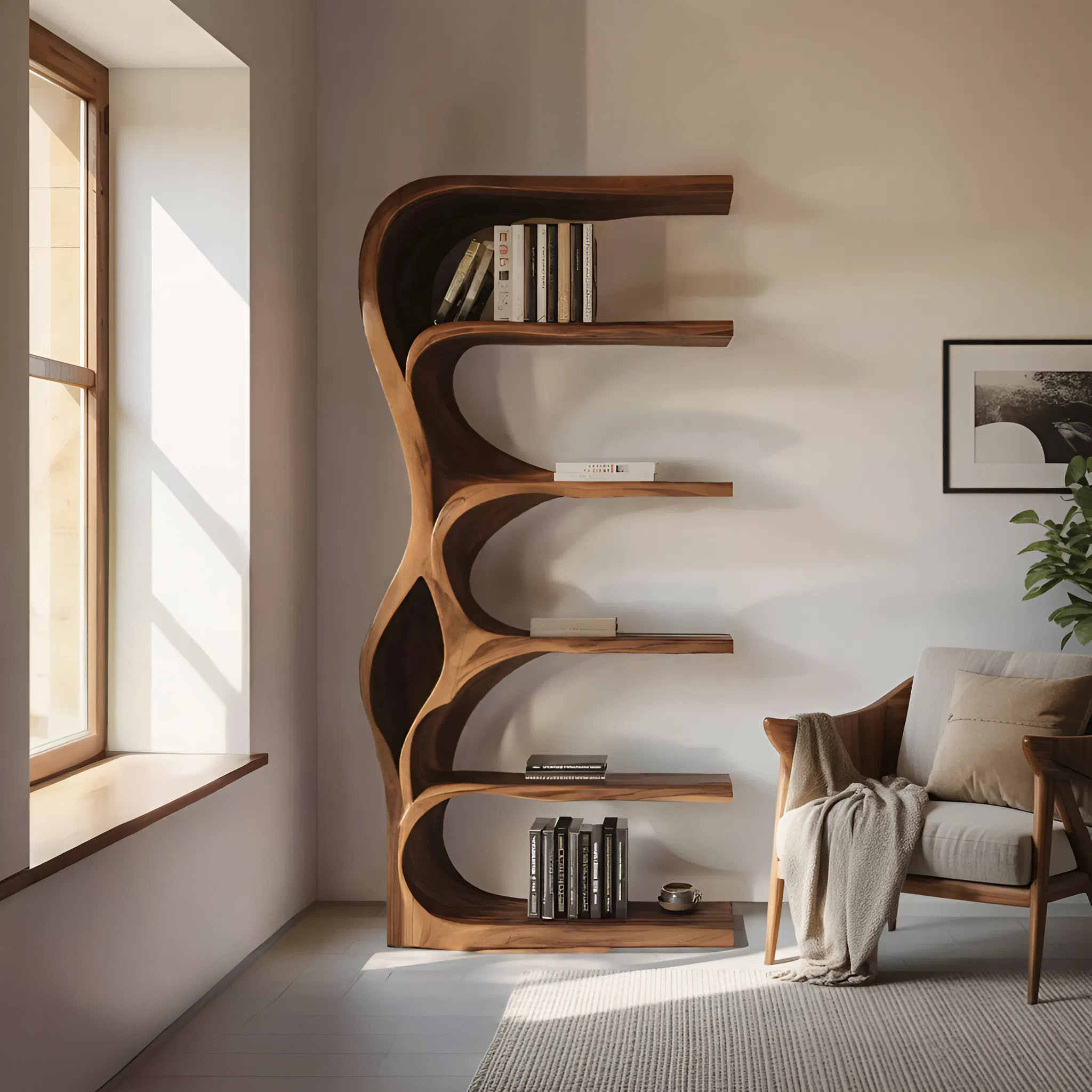 Organic Bookshelf With Curved Open Shelving For Bedroom Decor SITHHNBS067