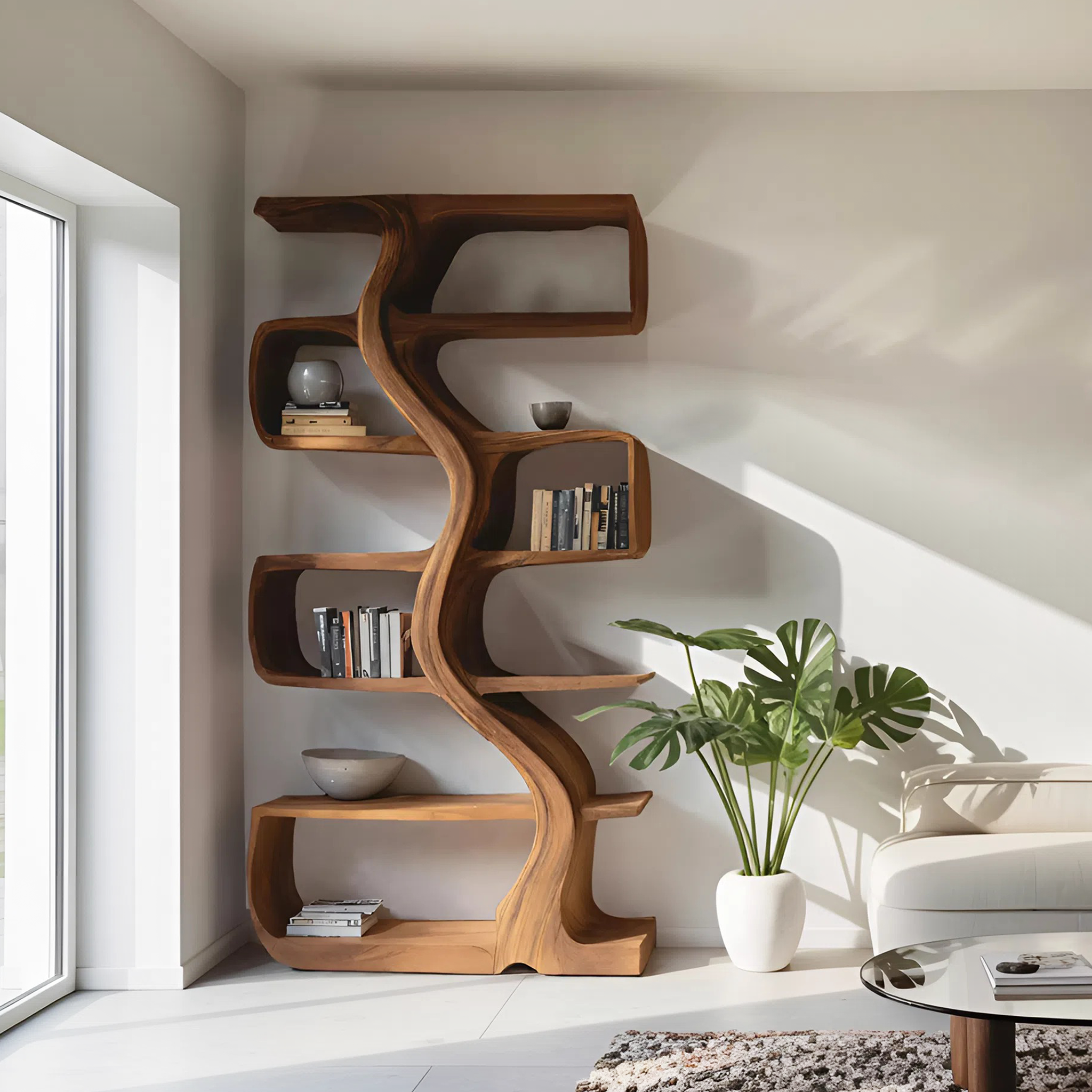 Organic Sculptural Bookshelf With Wavy Design For Living Room SITHHNBS069