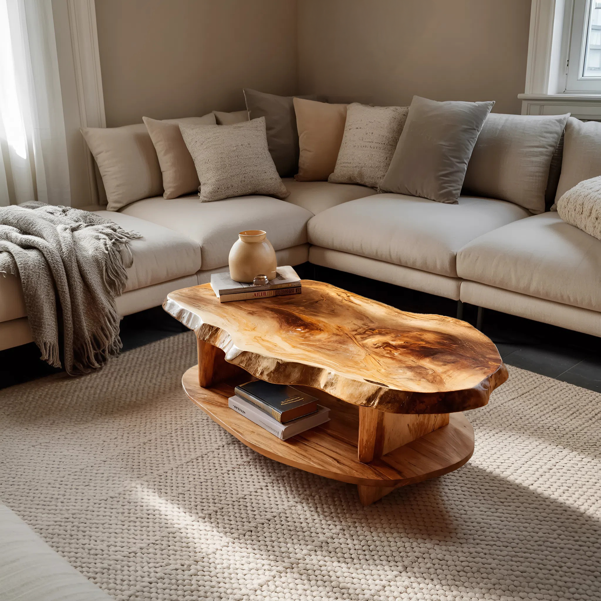 Rustic Coffee Table Live Edge And Shelf For Living RTTHTTCF032