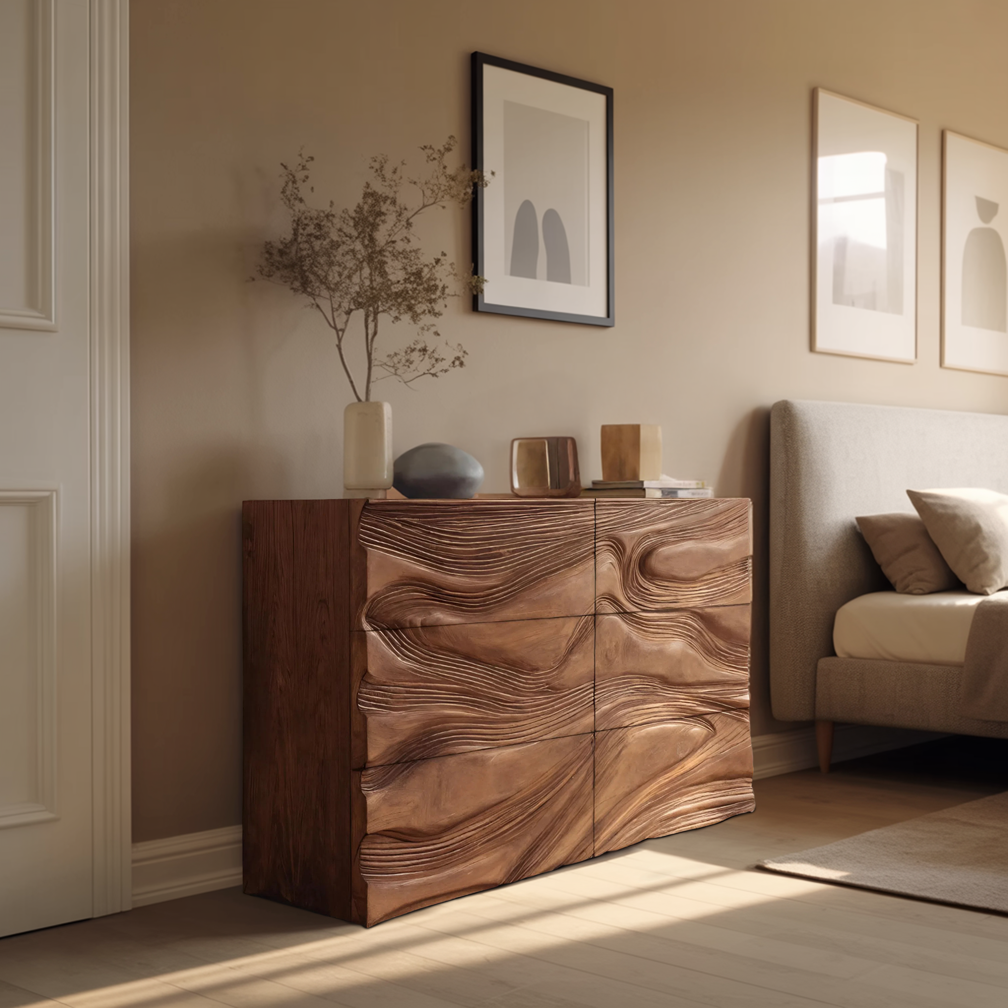 Minimalist Wooden Sideboard With Sculpted Wave Front For Living Decor RTTHHNSD010