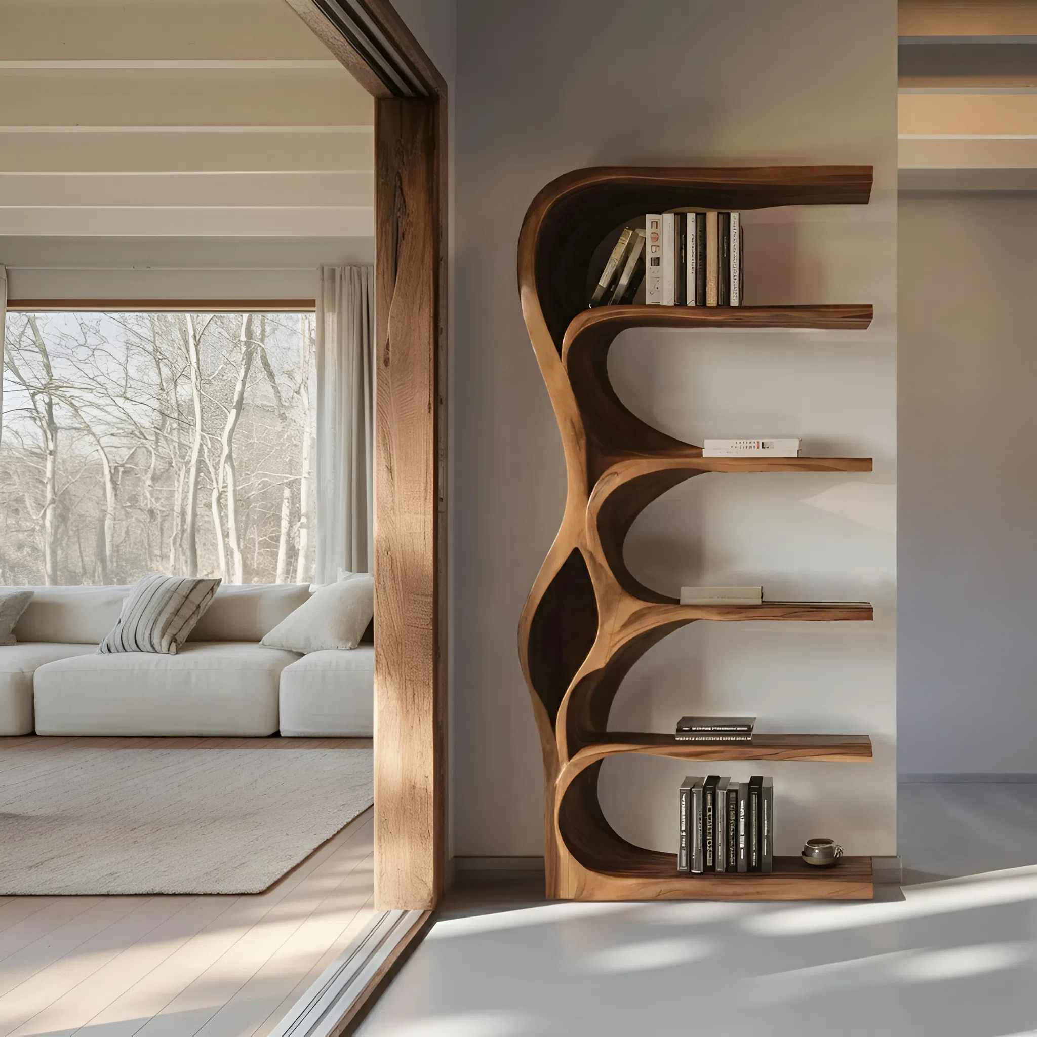 Organic Bookshelf With Curved Open Shelving For Bedroom Decor SITHHNBS067