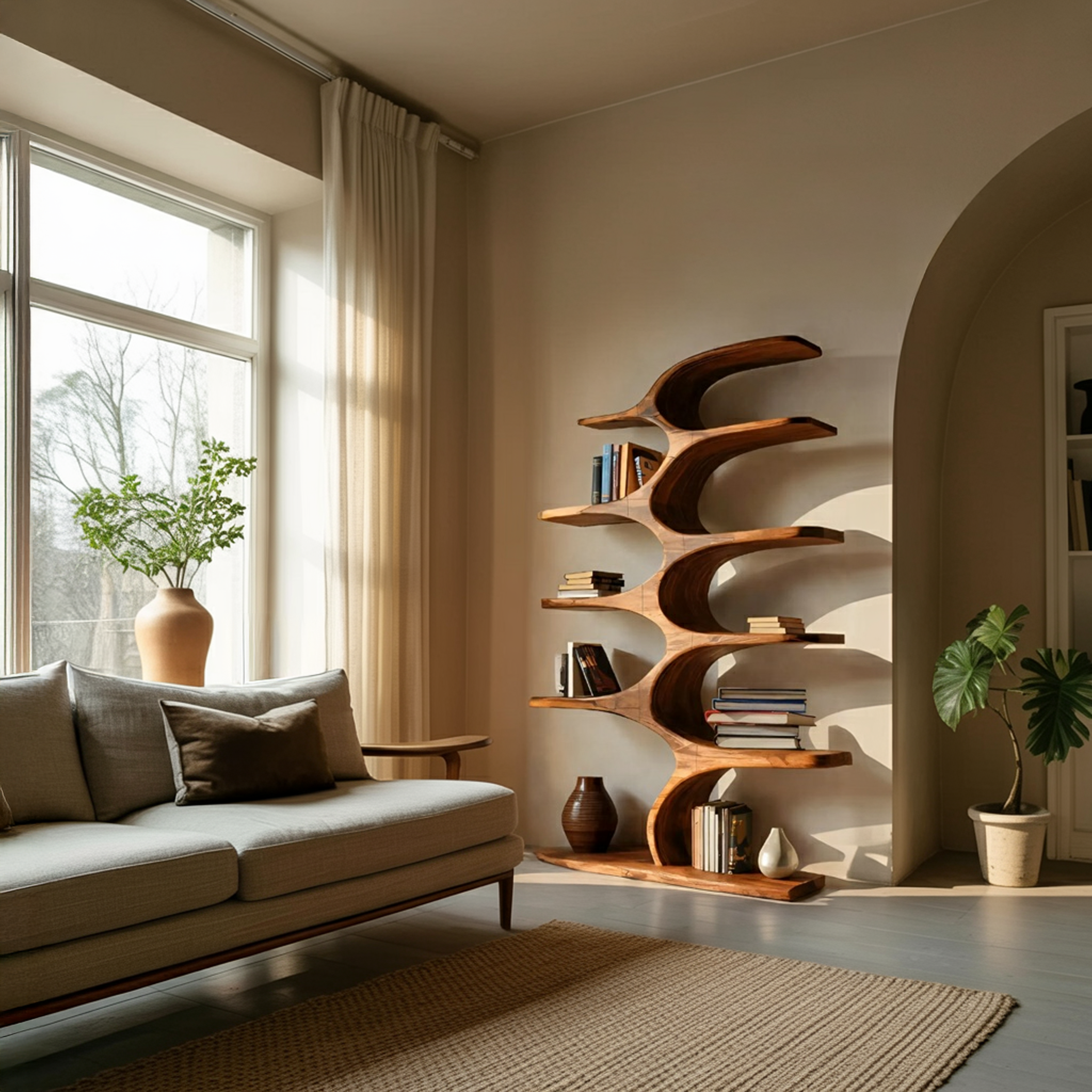 Artistic Curved Bookshelf Fluid Lines Statement For Designer Interiors RTTHTTBS050