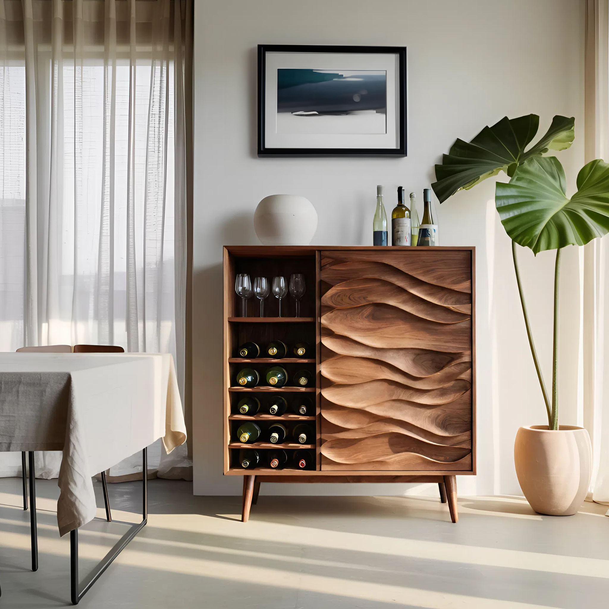 Sculptural Wine Cabinet With Wave Carved Doors For Kitchen SITHTTBCA013