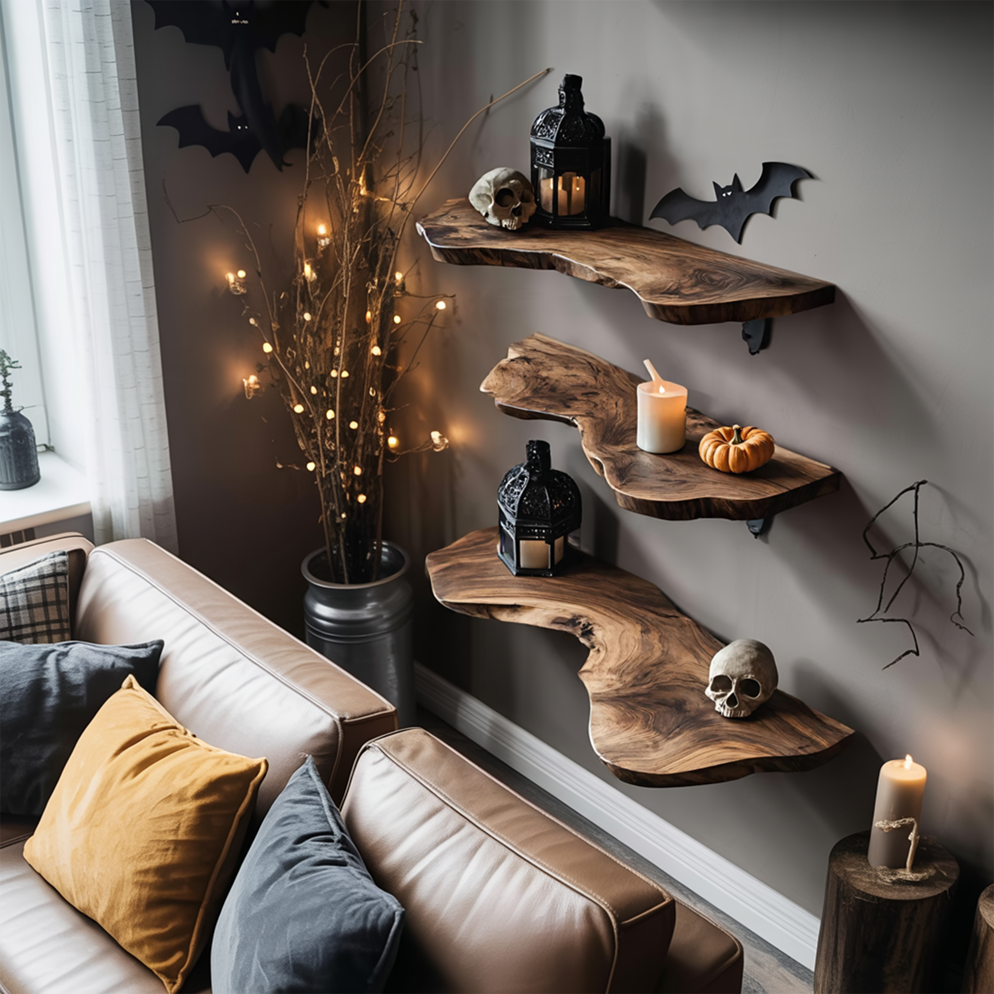 Handcrafted Live Edge Floating Shelf For Furniture Decor Halloween Inspiration SILDTTRHFL003