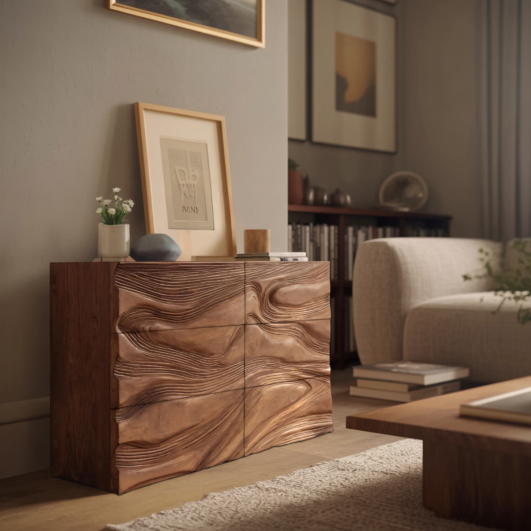 Minimalist Wooden Sideboard With Sculpted Wave Front For Living Decor RTTHHNSD010