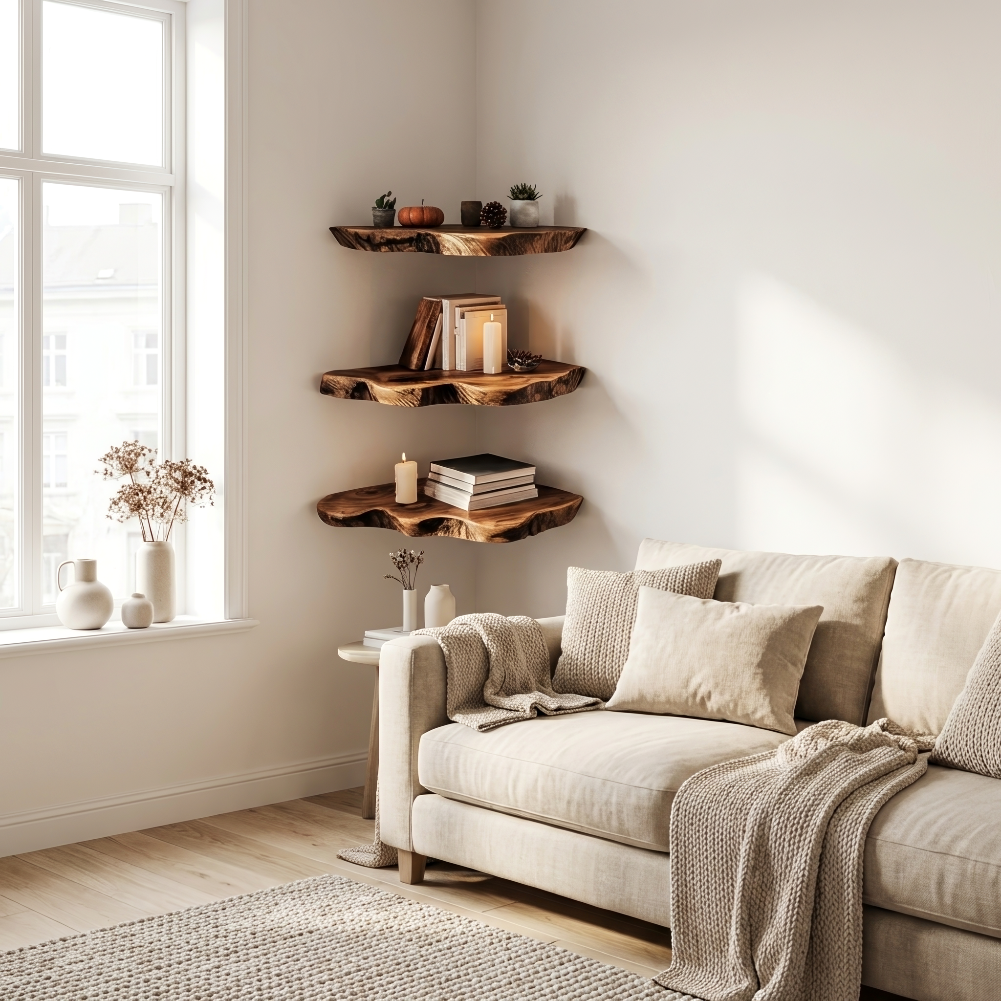 Handcrafted Wooden Live Edge Corner Shelf For Furniture Decor SILDTTRCN003