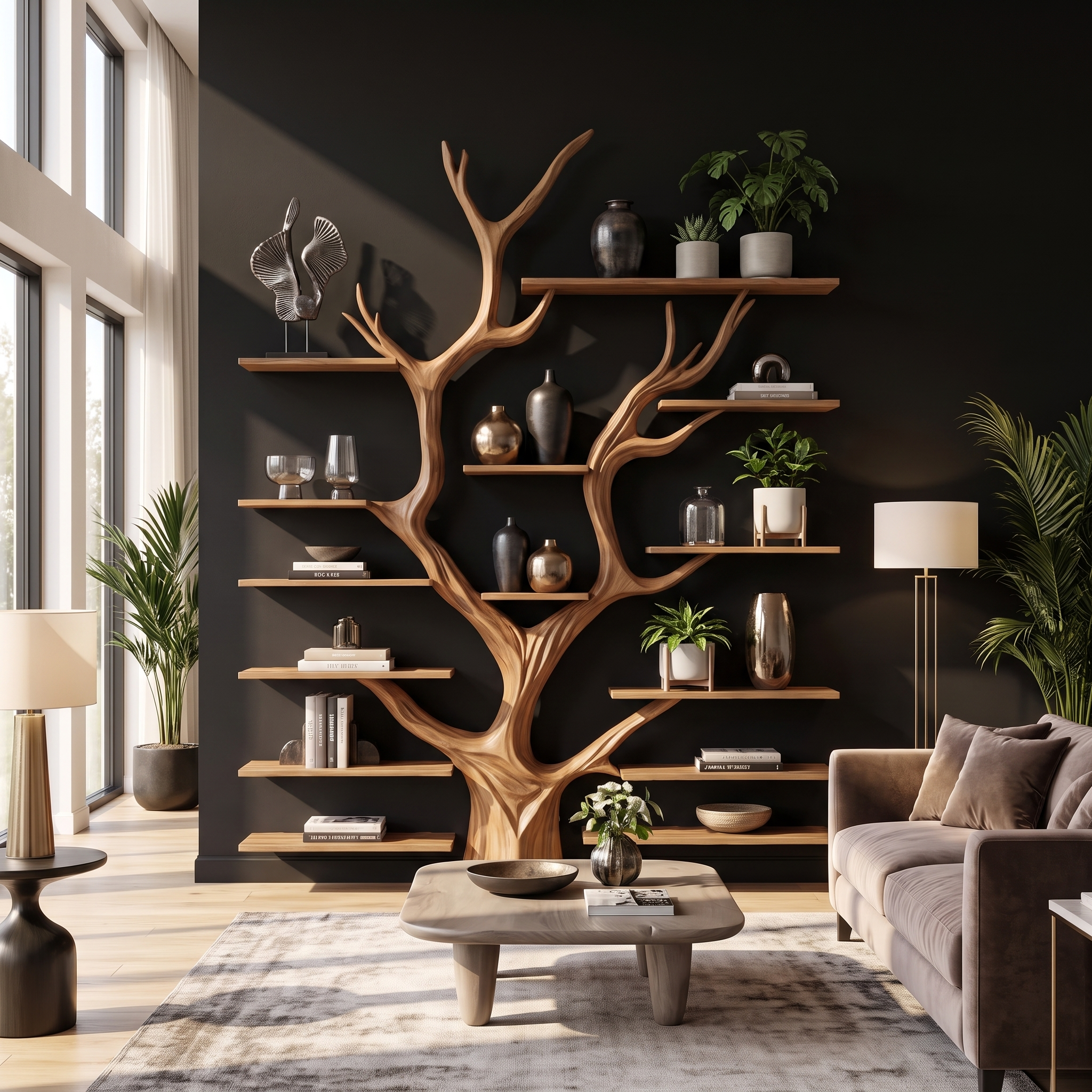Sculptural Tree Bookcase - Artisan Tree-Inspired Wall Unit SINLSATB179