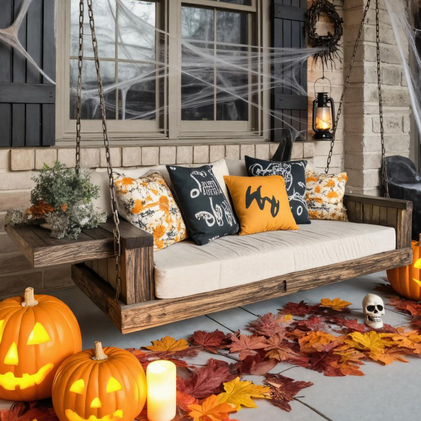 Rustic Wooden Porch Swing With Chains For Halloween Outdoor Decor SITHTTHW001