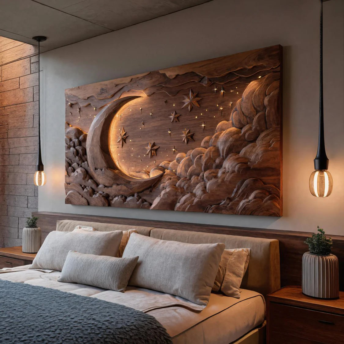 Hand Carved Wall Art Moon And Stars Panel With LED For Bedroom SITHHNWA017