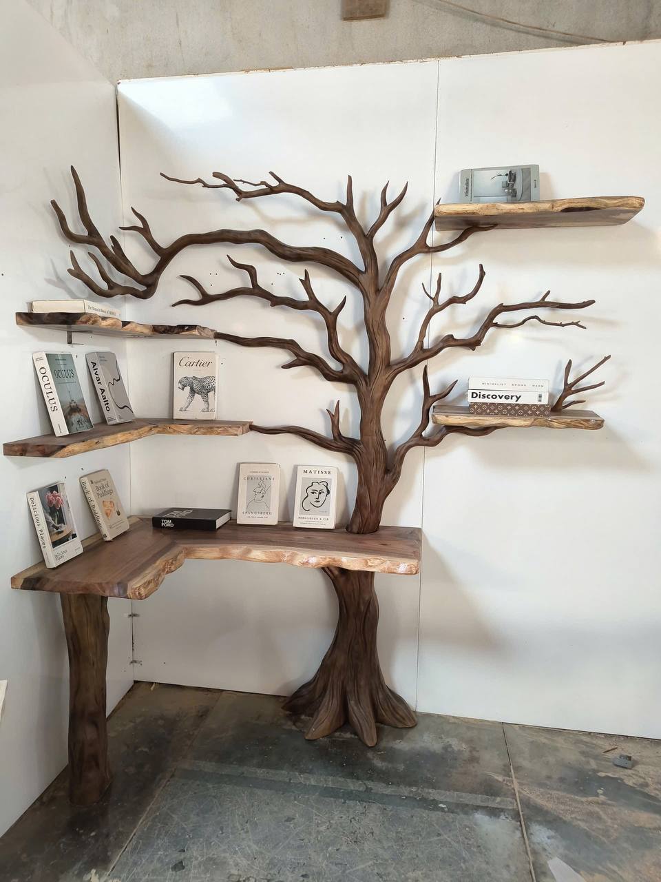 Rustic Sculptural Tree Bookshelf Corner Bench Living Room Interior Integrated Seating SINLKITB654
