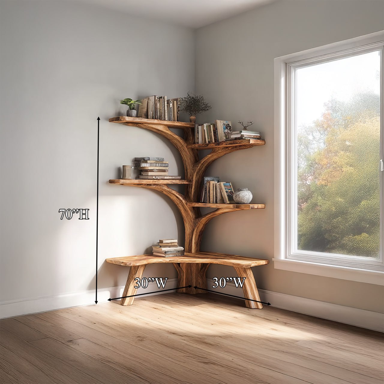 Rustic Tree Corner Bookshelf Bench Living Room SINLSATB229