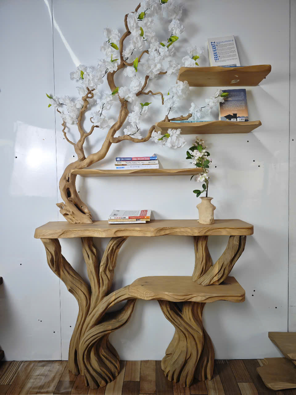 Narrow Console Table With Tree Branch Bookshelf SINLCS041