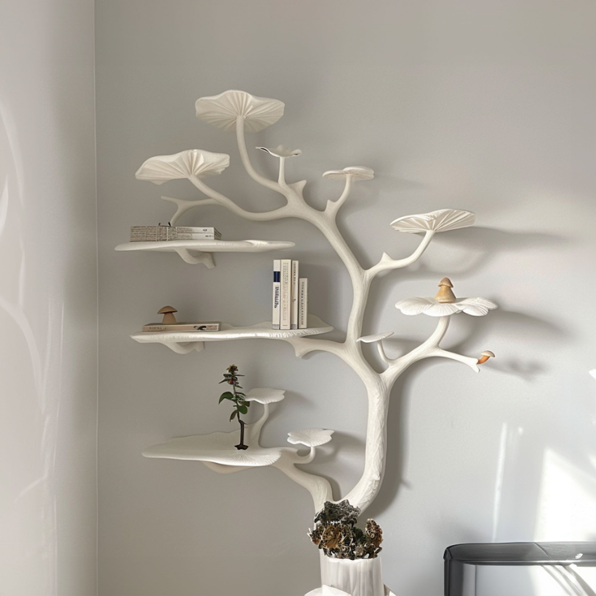 Natural Mushroom Tree Bookshelf Wall Mounted Wild Mulberry Wood Decor SINLTB012