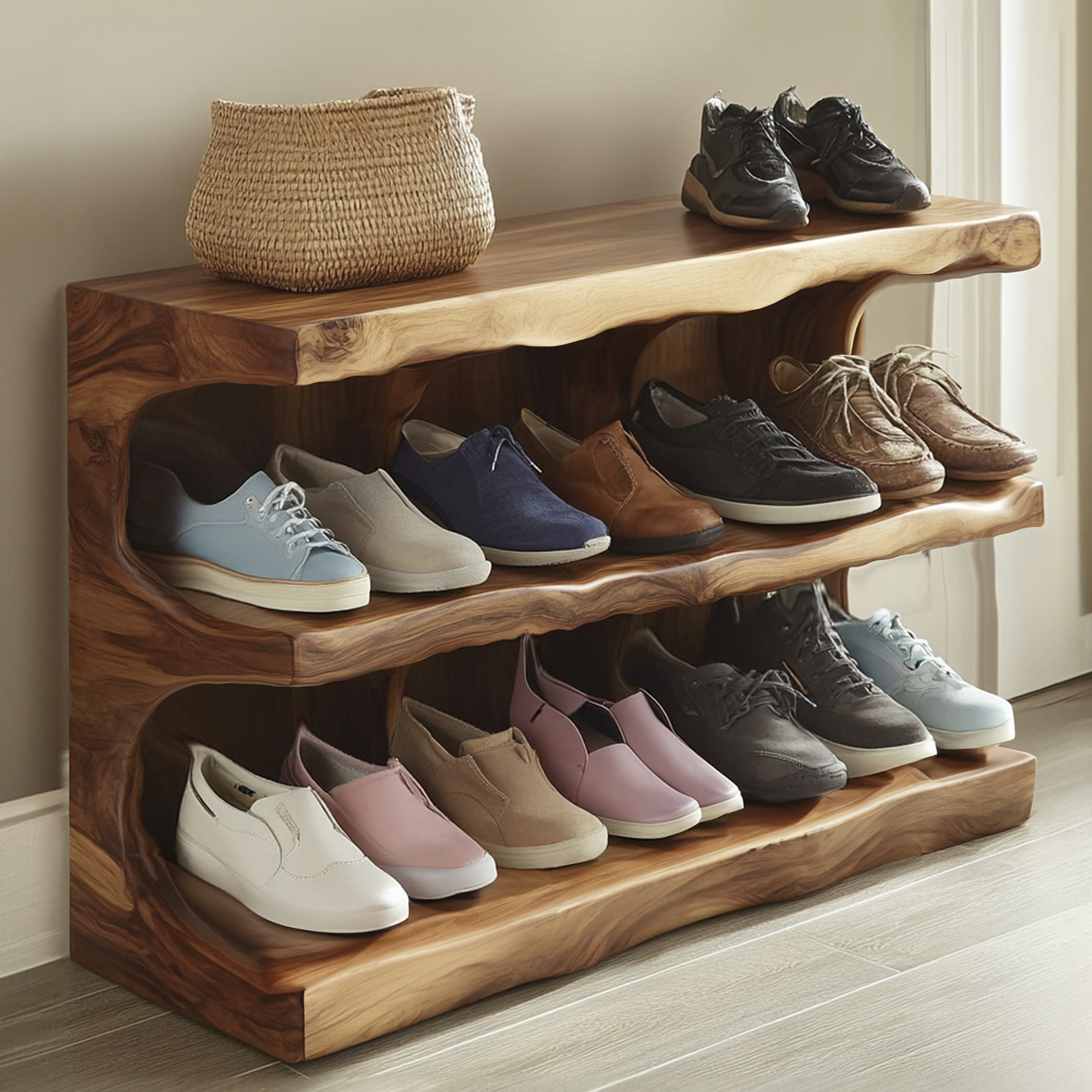 Midcentury Entryway Woven Shoe Rack Bench Storage SINLSB008