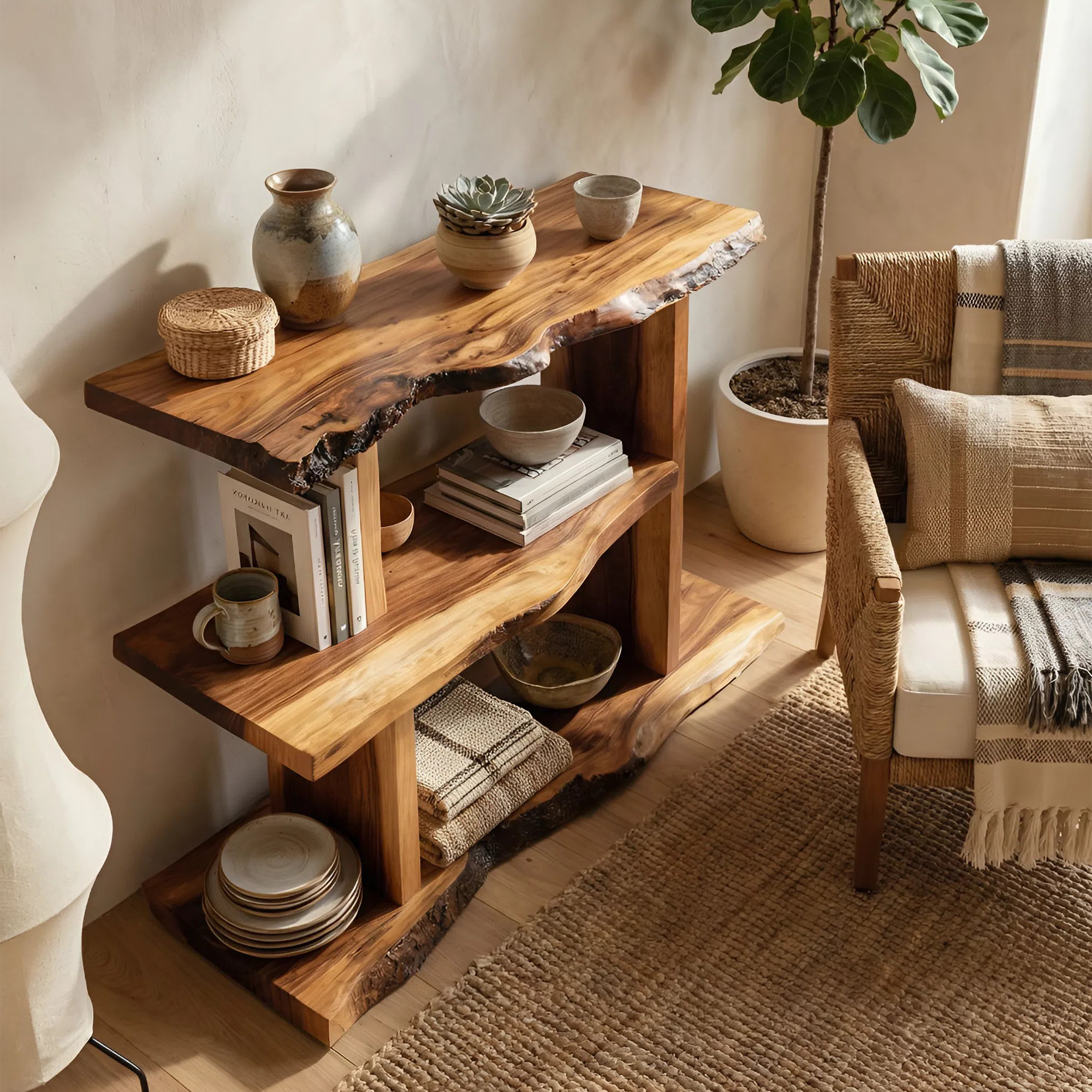 Artistic Wooden Live Edge Standing Shelf For Entryway Storage Design SILDTTNFGS008