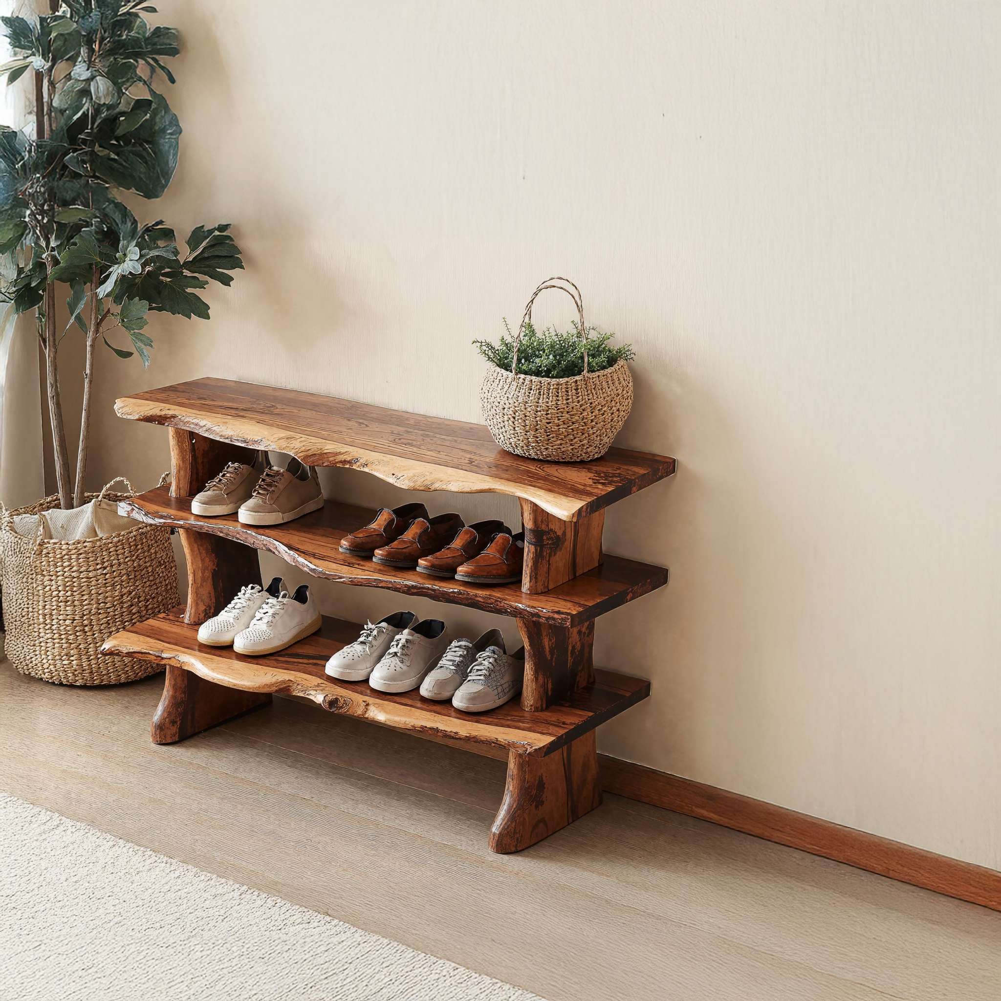 Handcrafted Natural Wood Shoe Bench For Front Door Area SILDTSHB007