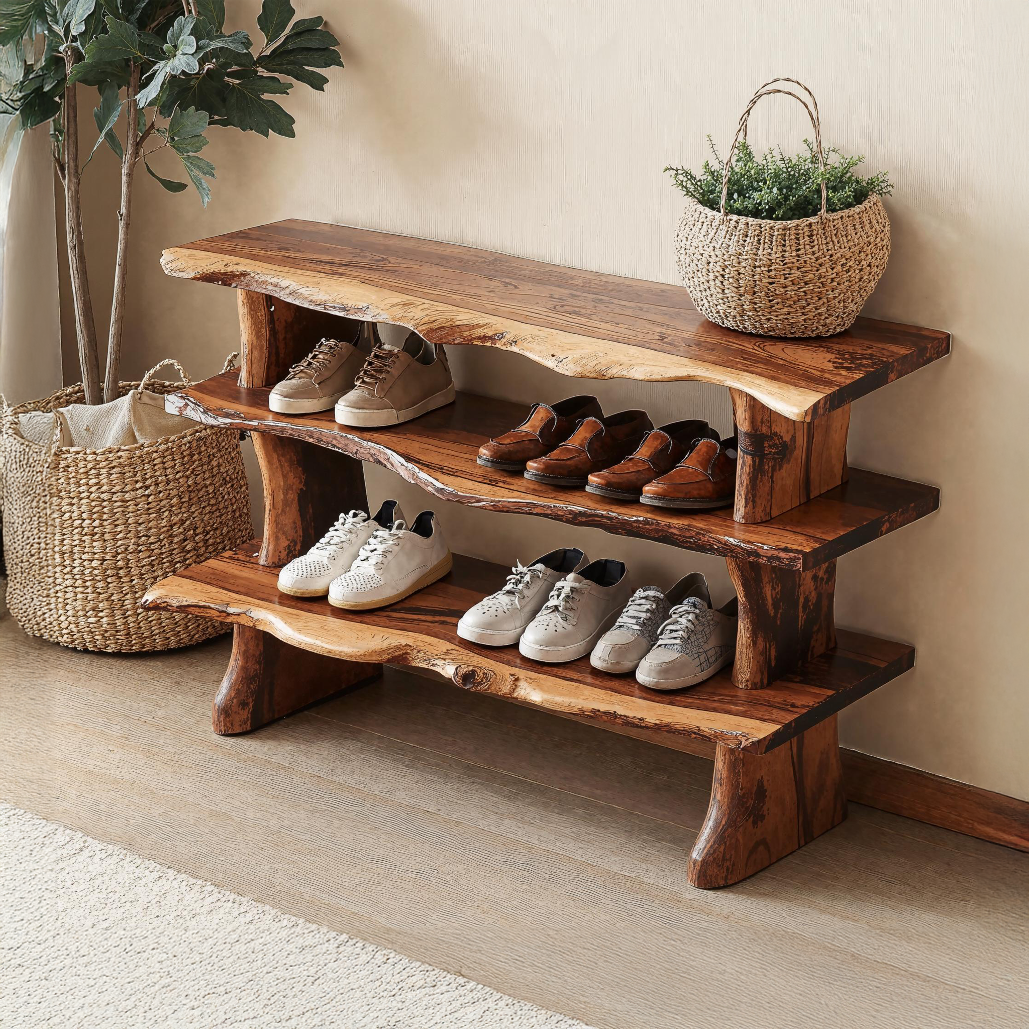 Handcrafted Natural Wood Shoe Bench For Front Door Area SILDTSHB007
