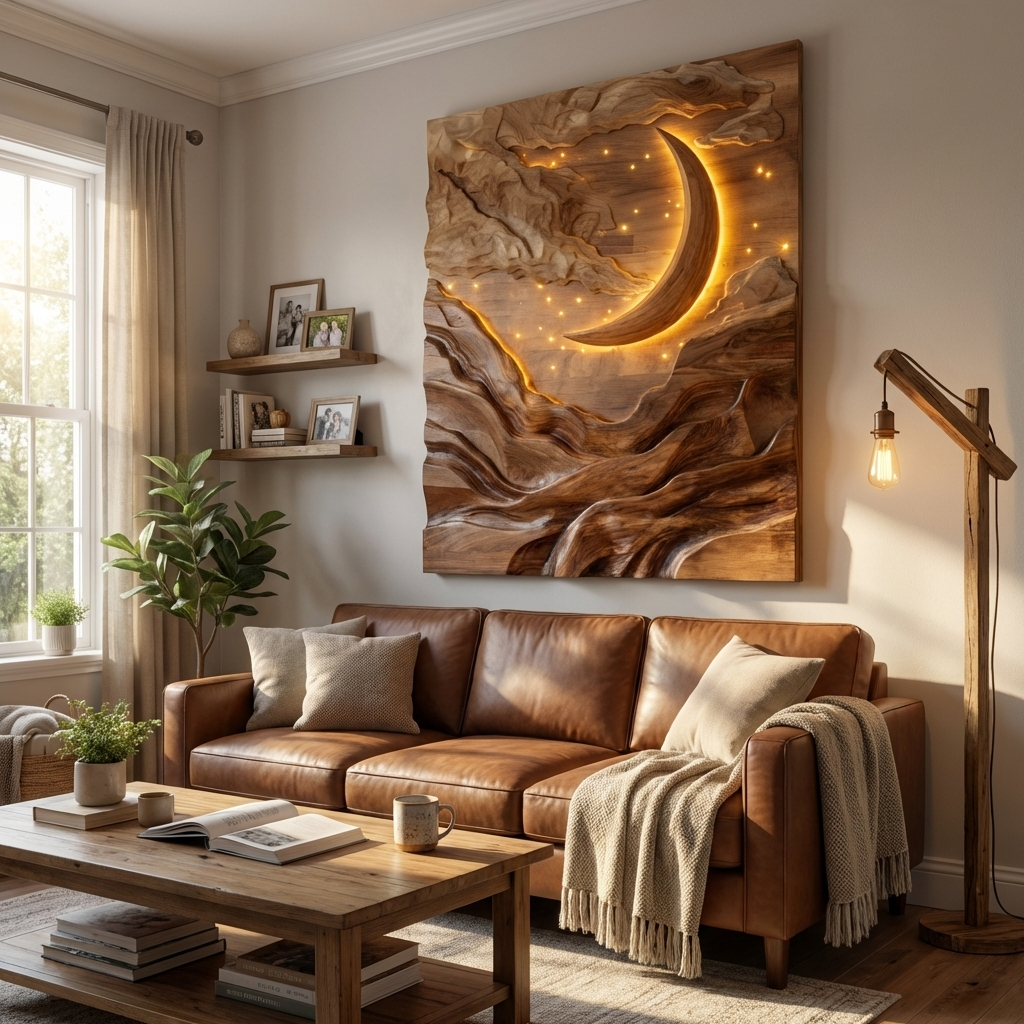 Crescent Moon Mountain Wood Wall Art For Living Decor RTTHHNWA164
