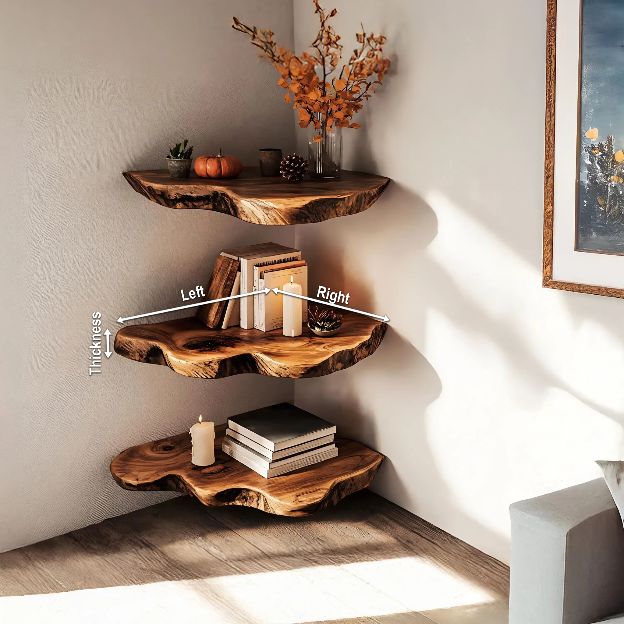 Handcrafted Wooden Live Edge Corner Shelf For Furniture Decor SILDTTRCN003