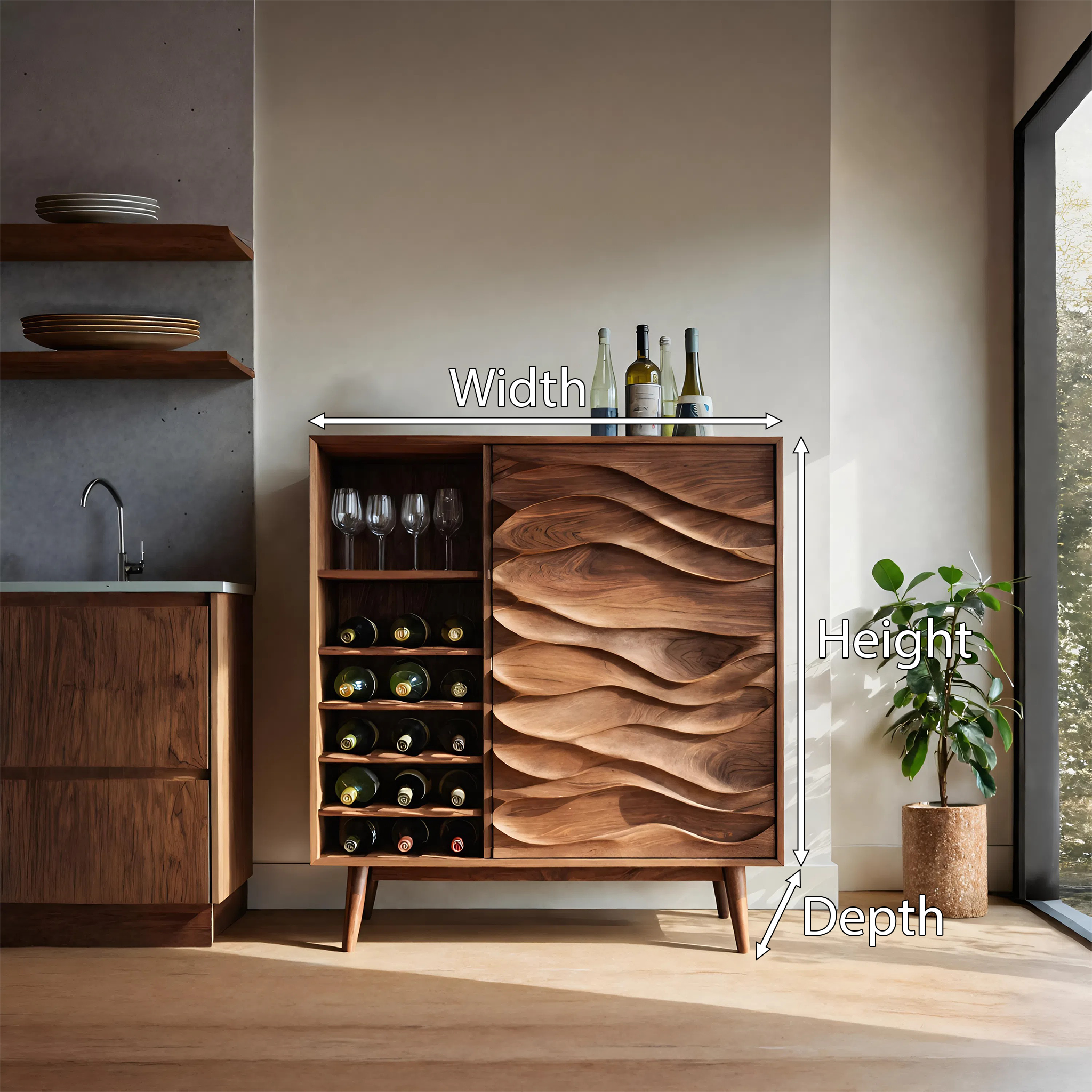 Sculptural Wine Cabinet With Wave Carved Doors For Kitchen SITHTTBCA013