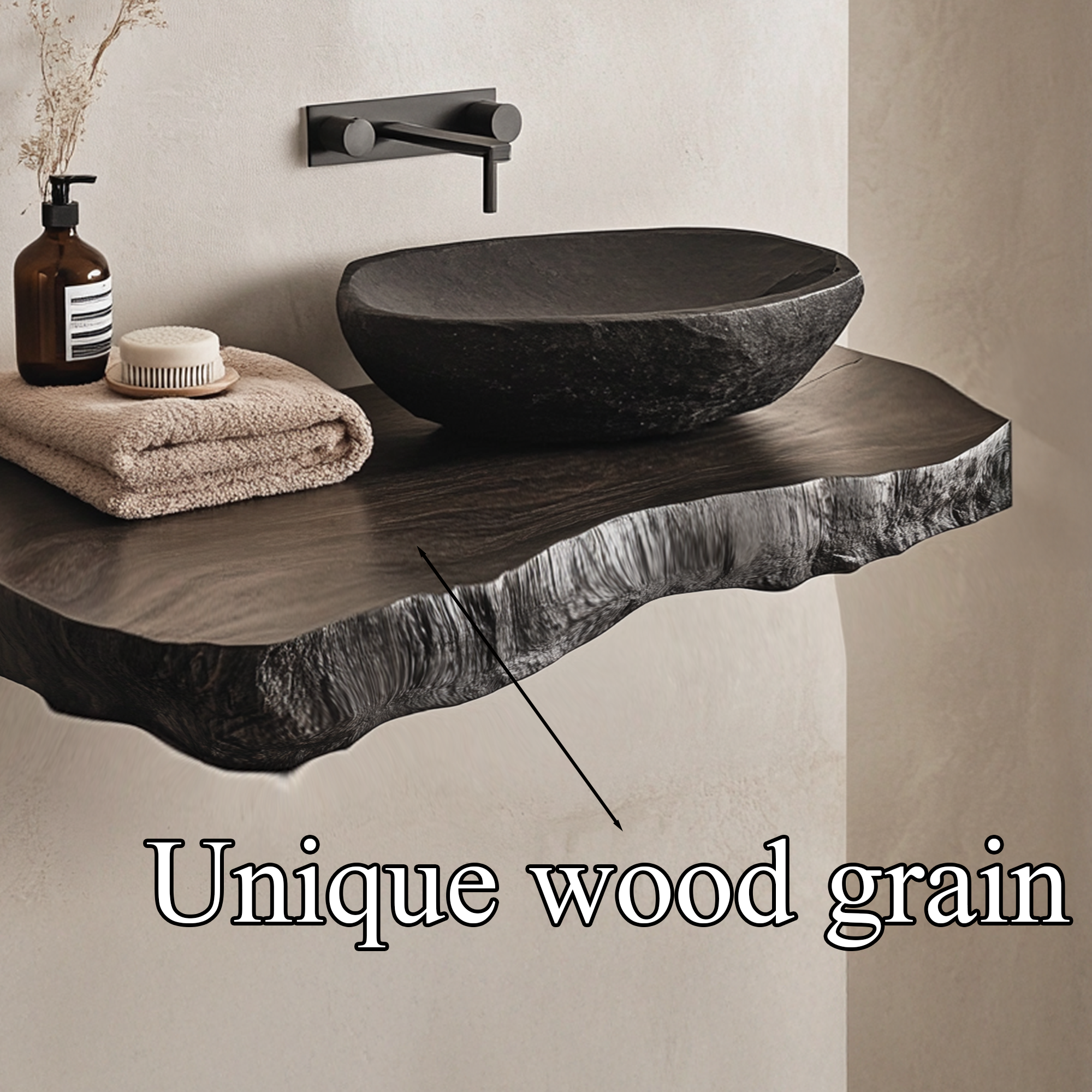 Black Live Edge Wood Floating Vanity Stone Vessel Sink SINLBRV031
