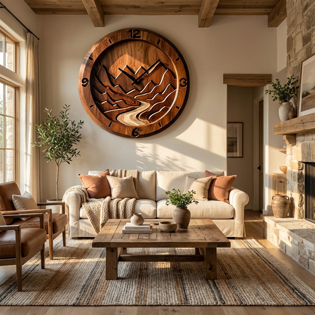 Rustic Wood Wall Clock Mountain Landscape Decor For Living RTTHHNWAC015