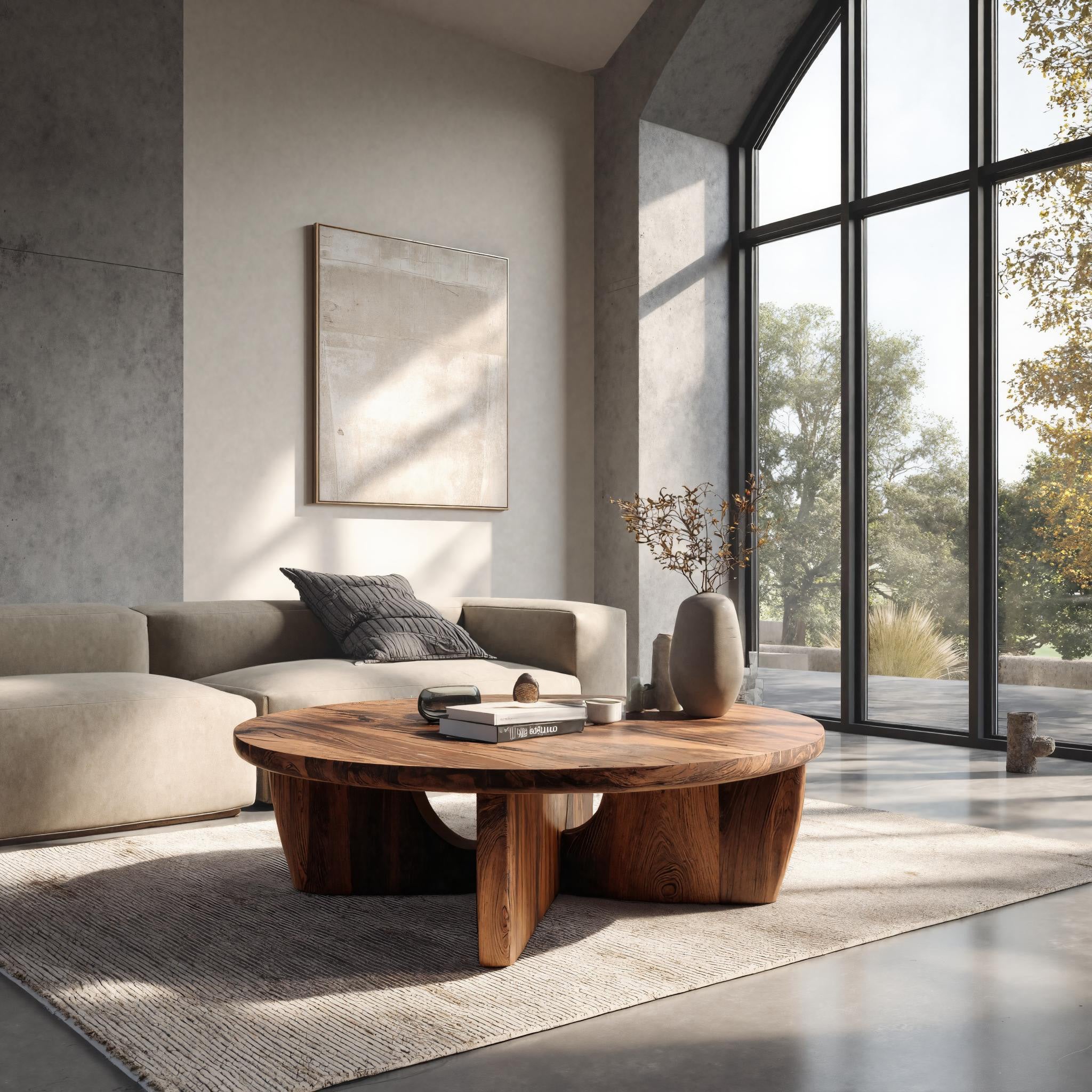 Round Wooden Coffee Table Unique Base Design For Home RTTHHNCF067