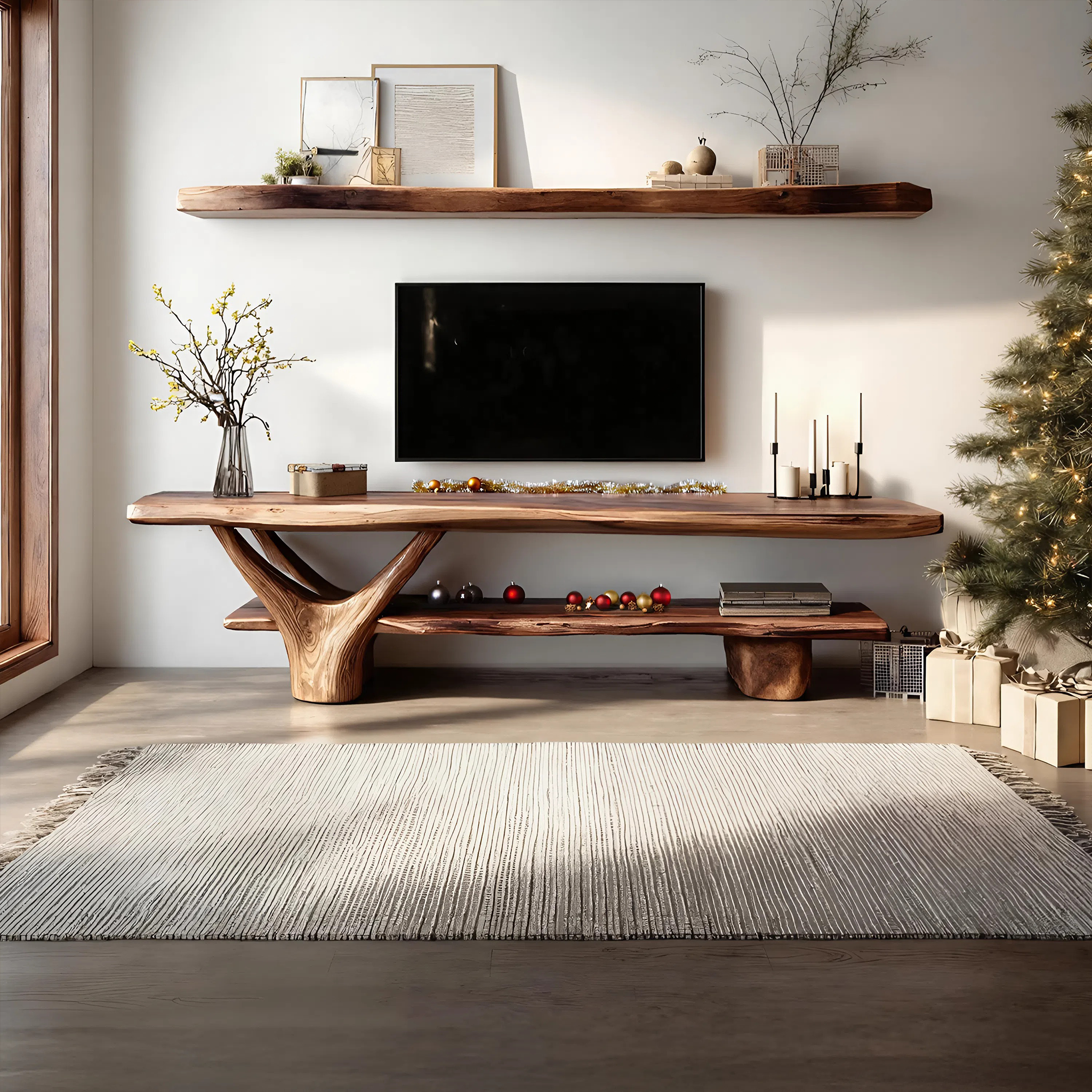 Handcrafted Wooden Live Edge TV Console For Holiday Entryway Design SILDTTNCTV011
