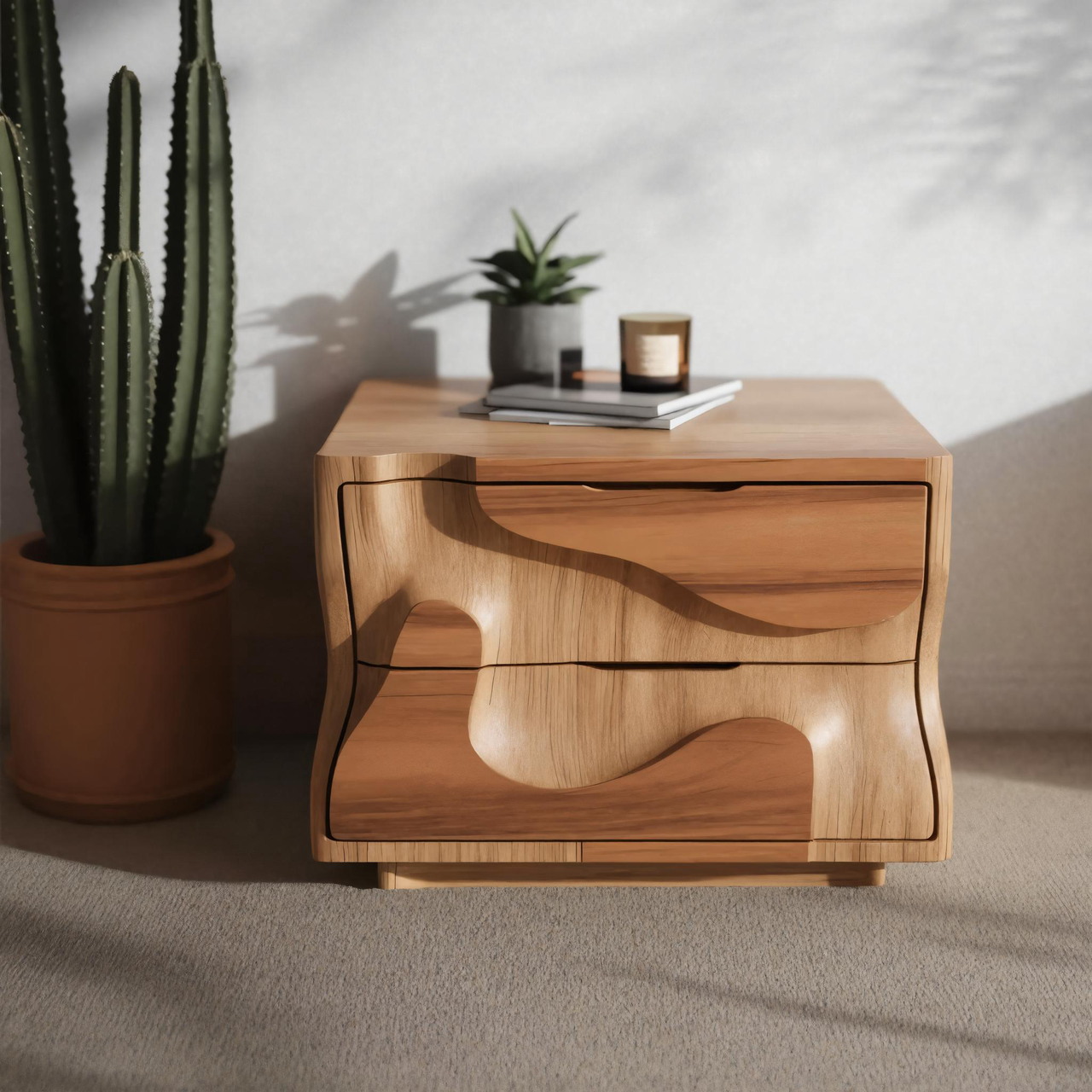 Modern Wavy Nightstand With Carved Drawer Cabinet For Bedroom And Living Room SITHHNNS005