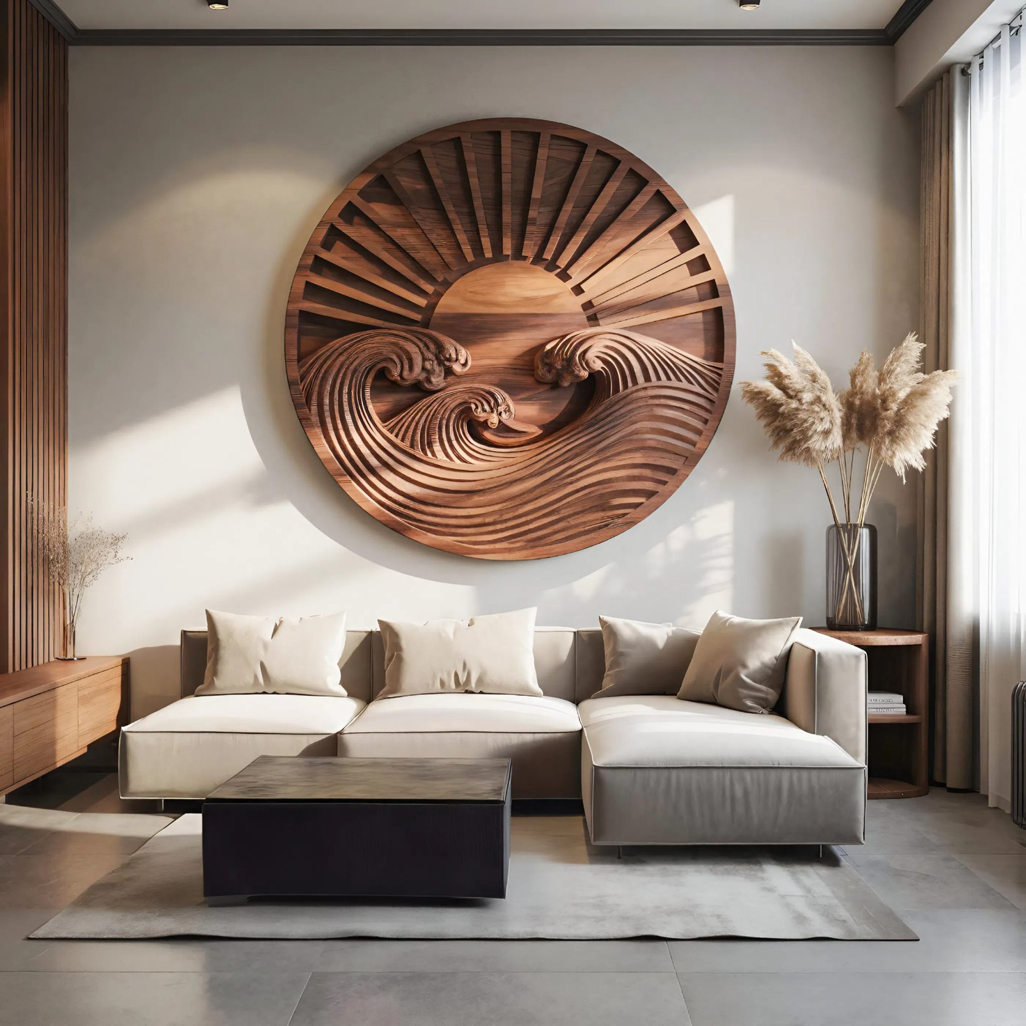 Round Wall Art With Carved Sun And Waves For Bedroom SITHTTWA011