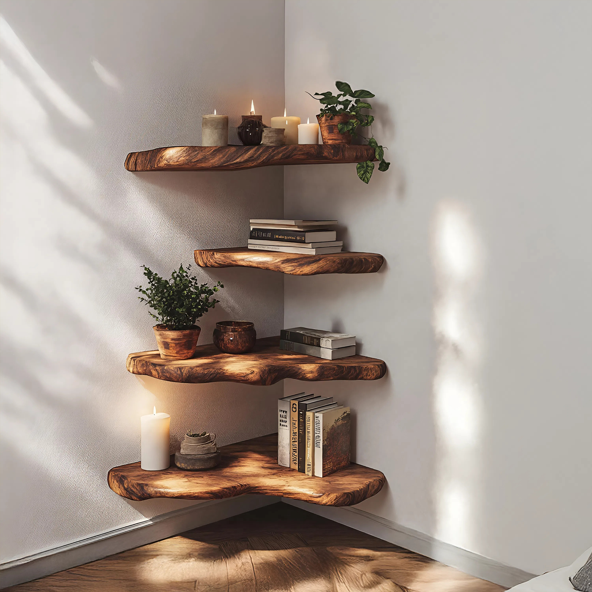 Mid Century Wooden Live Edge Corner Shelf For Living Room Decor SILDTTRCN001
