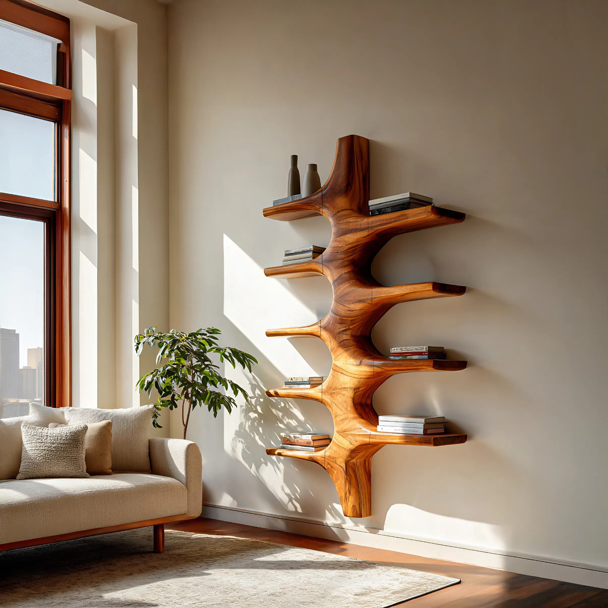 Sculptural Wood Wall Mounted Bookshelf For Modern Living Room RTTHTTBS066