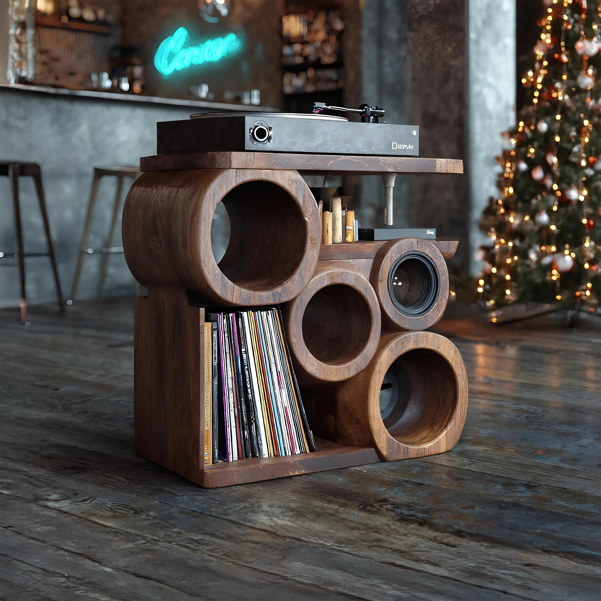 Farmhouse Solid Wood Record Stand For Rustic Christmas Home SILDTTNCRS010